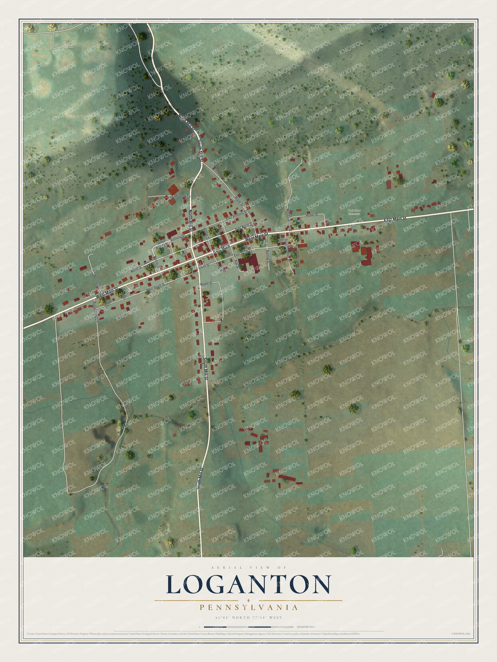 Full map of Loganton, Pennsylvania, with red buildings, printed street names and the land around them