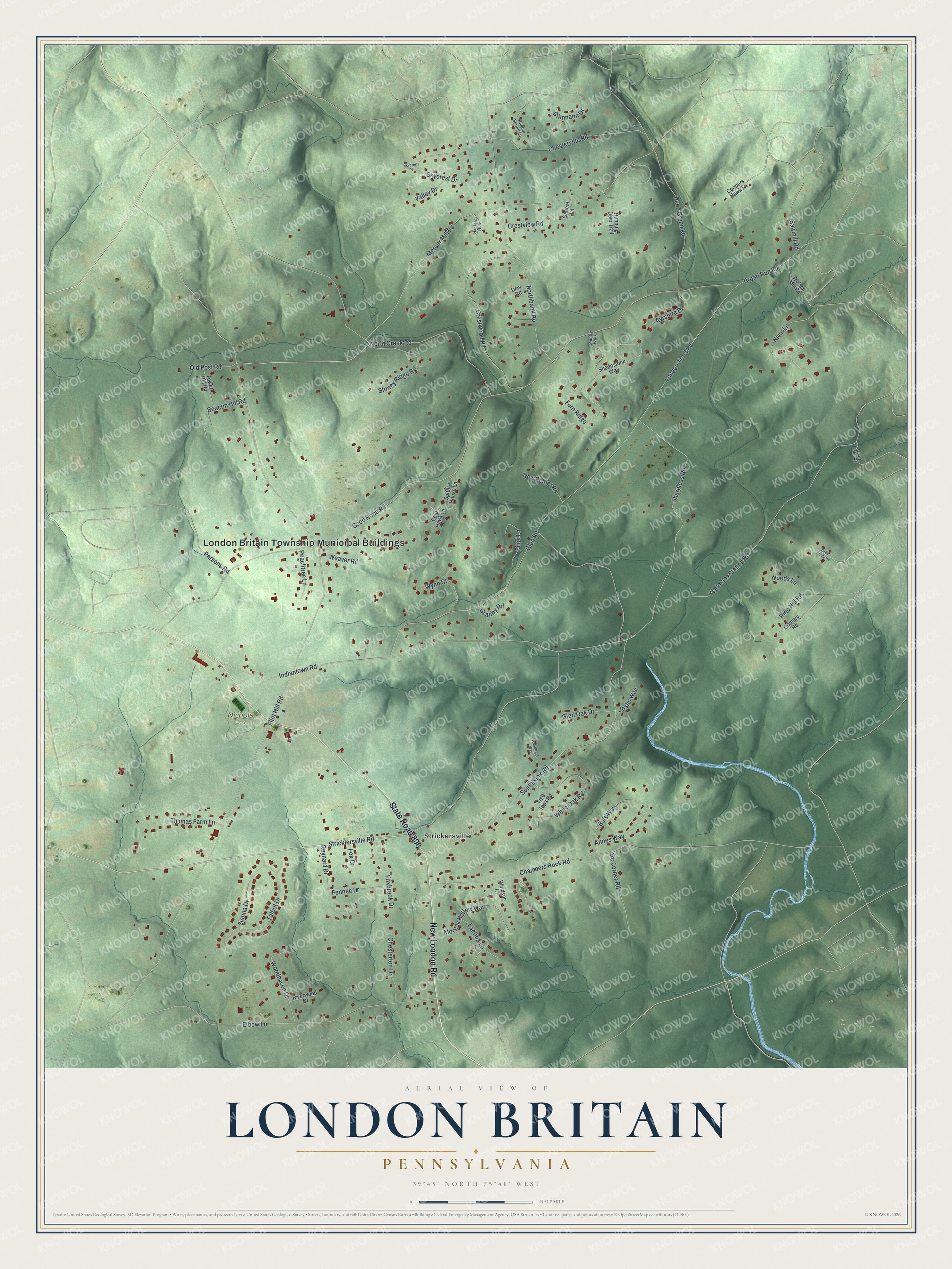 Full map of London Britain, Pennsylvania, with red buildings, printed street names and the land around them