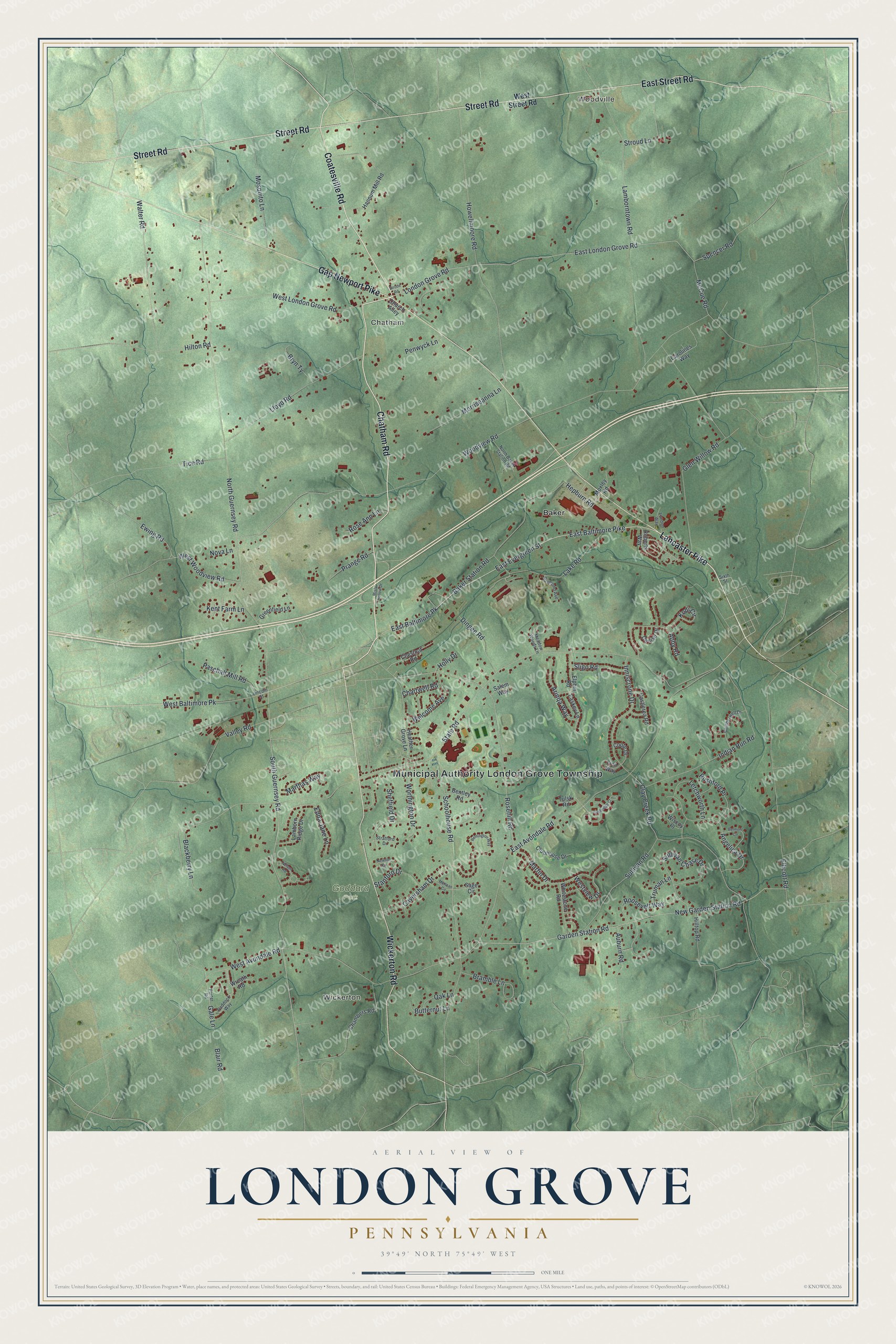 Full map of London Grove, Pennsylvania, with red buildings, printed street names and the land around them