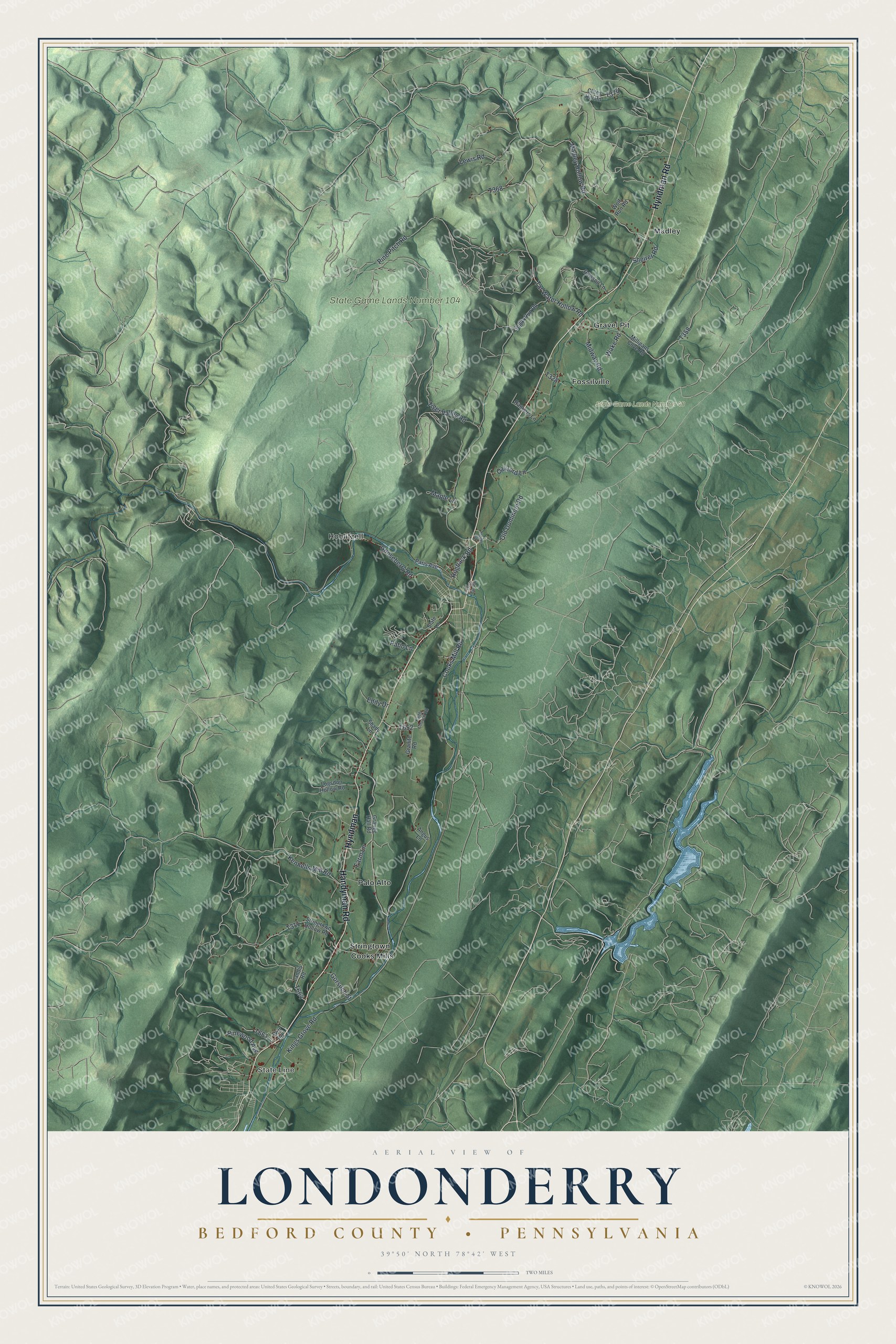 Full map of Londonderry, Bedford County, Pennsylvania, with red buildings, printed street names and the land around them