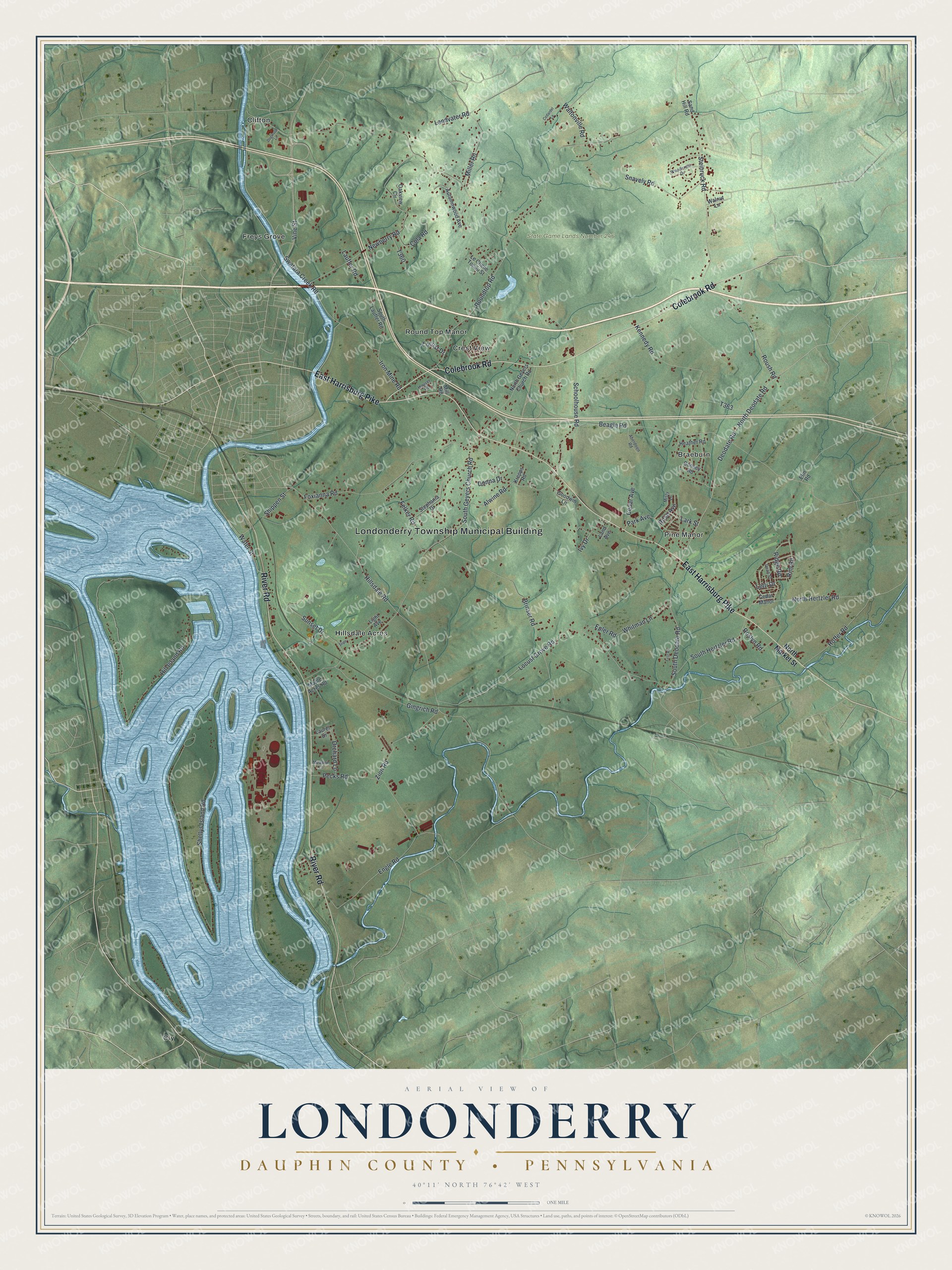 Full map of Londonderry, Dauphin County, Pennsylvania, with red buildings, printed street names and the land around them