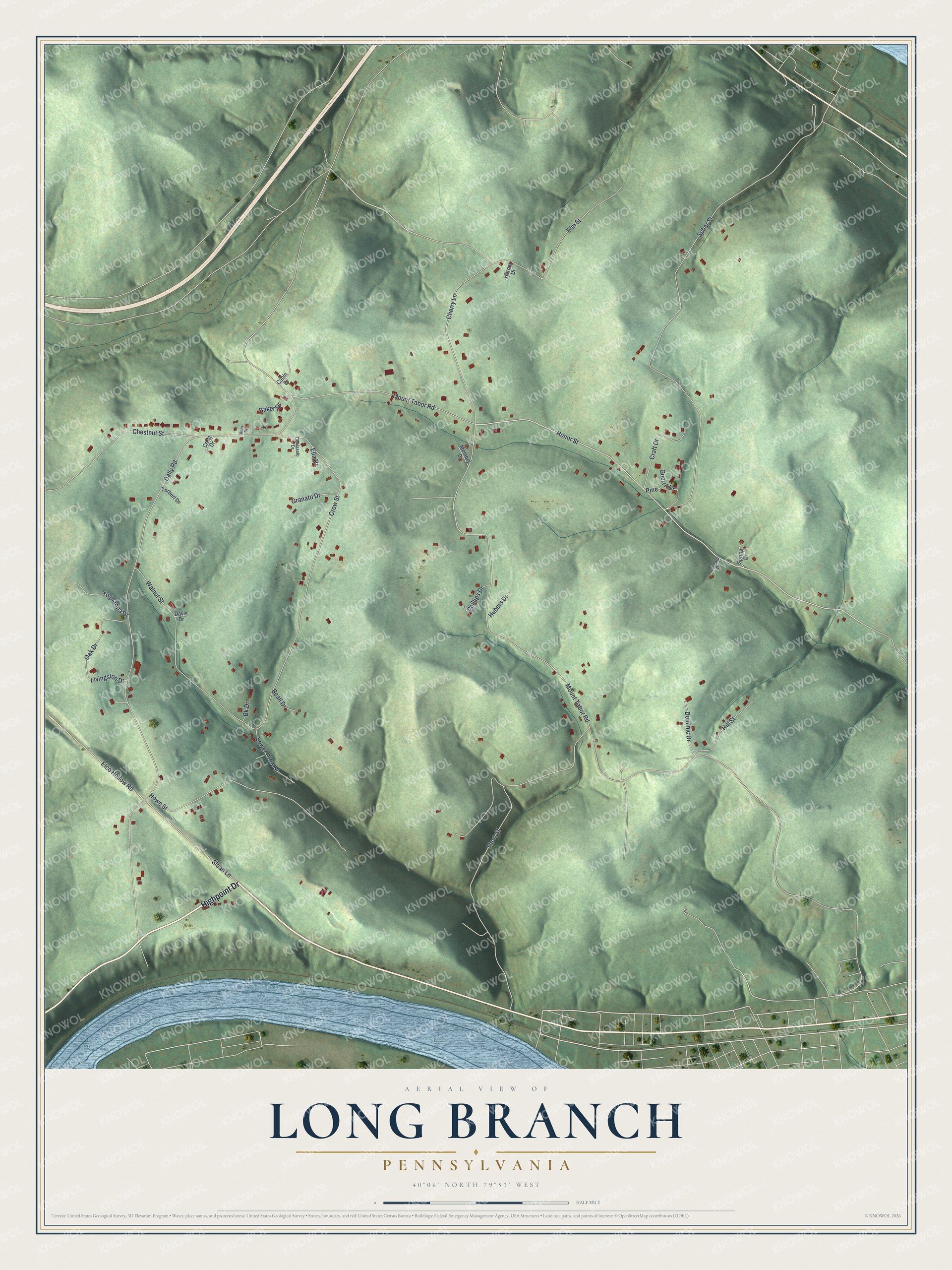 Full map of Long Branch, Pennsylvania, with red buildings, printed street names and the land around them