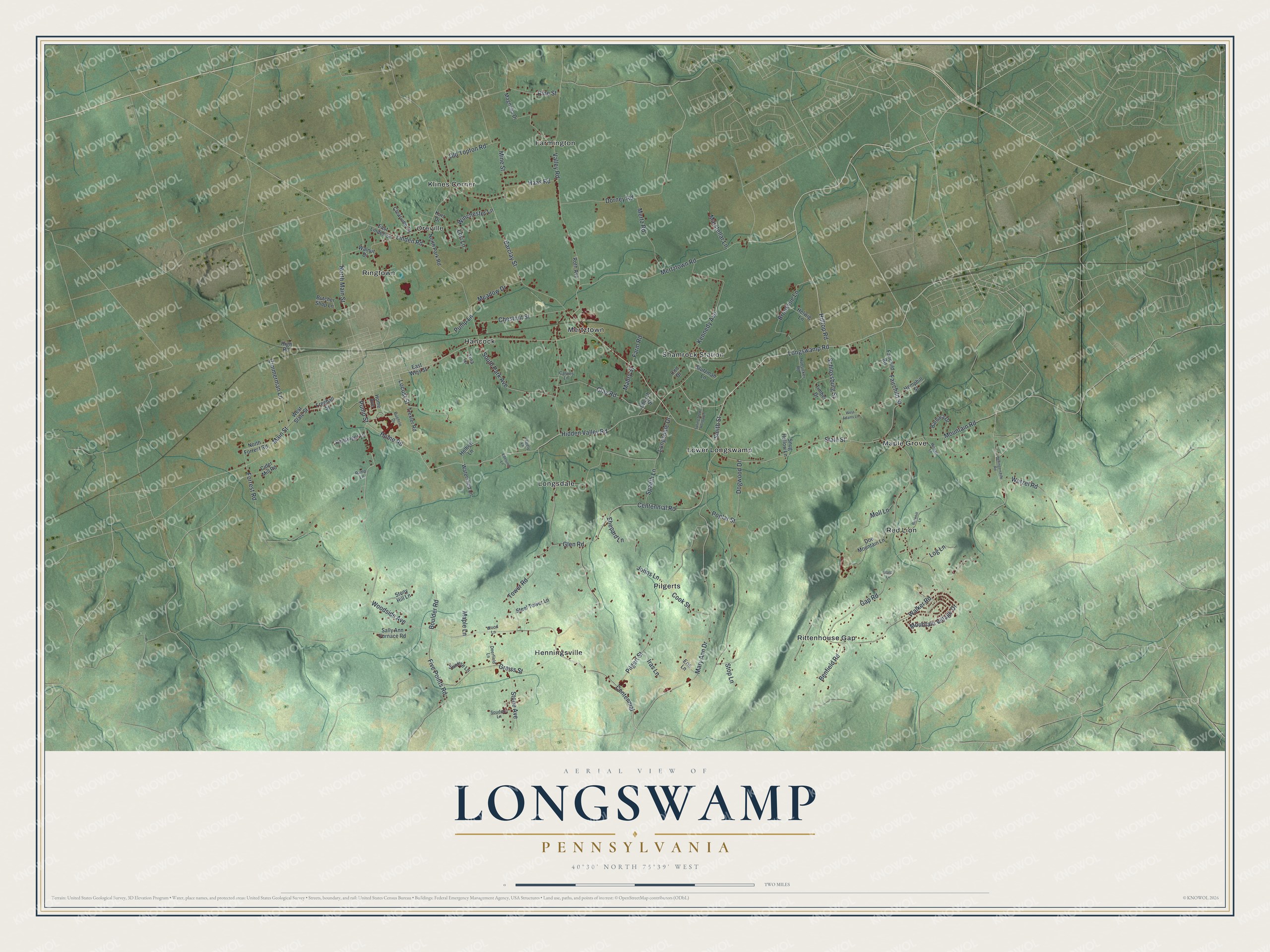 Full map of Longswamp, Pennsylvania, with red buildings, printed street names and the land around them