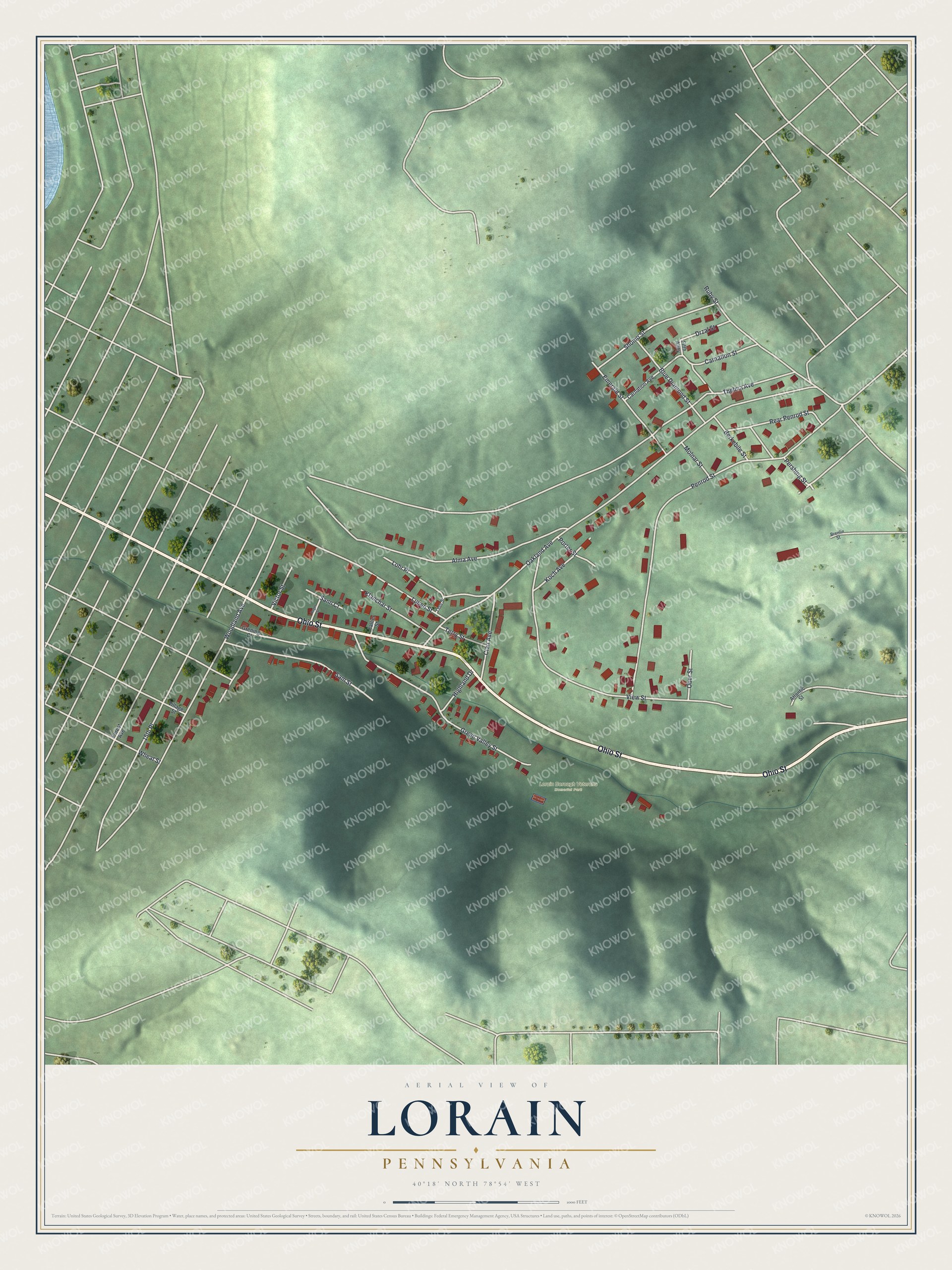 Map of Lorain, Pennsylvania with red buildings along Ohio Street between green shaded hills above a cream title panel