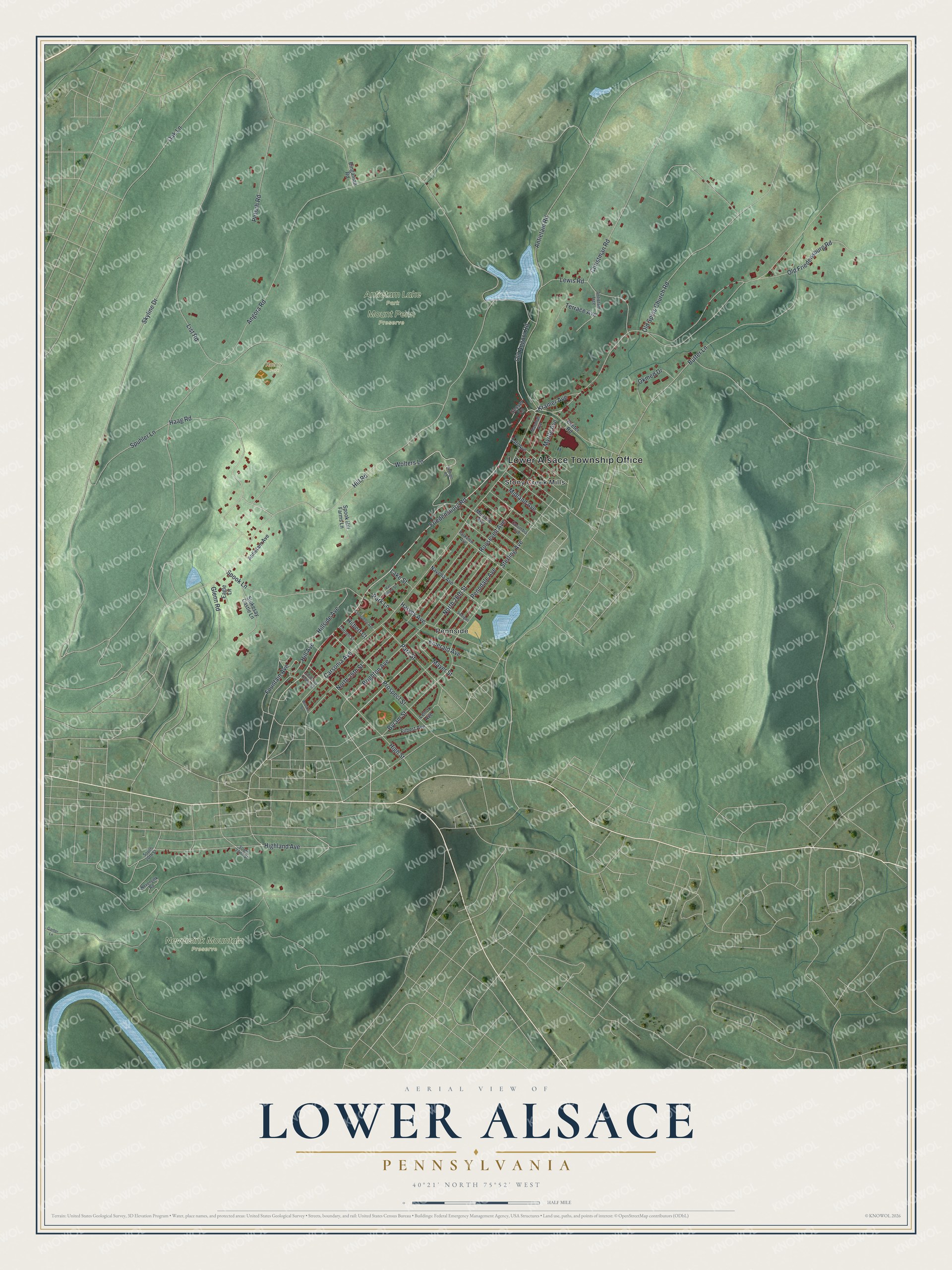 Full map of Lower Alsace, Pennsylvania, with red buildings, printed street names and the land around them
