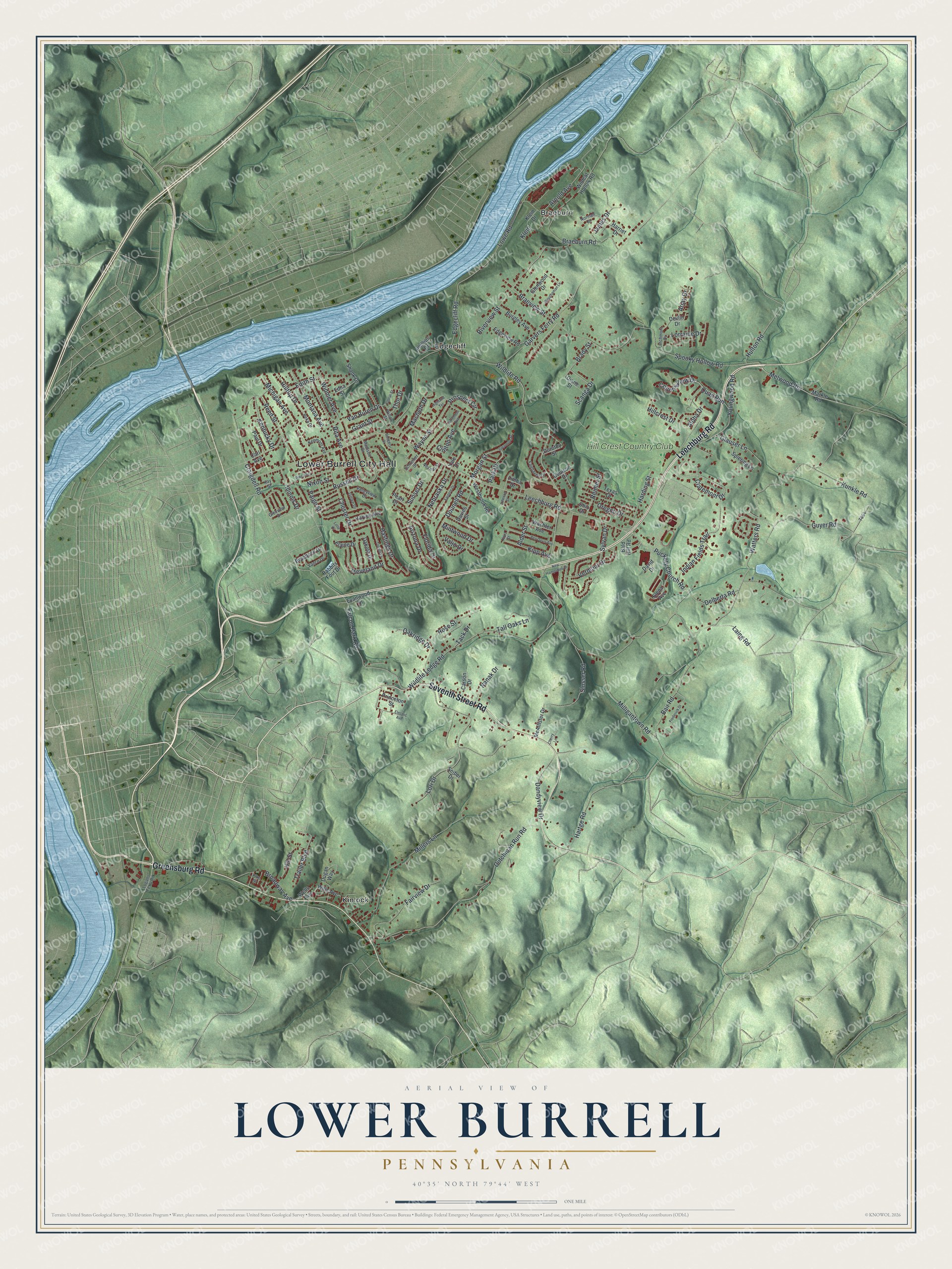 Full map of Lower Burrell, Pennsylvania, with red buildings, printed street names and the land around them