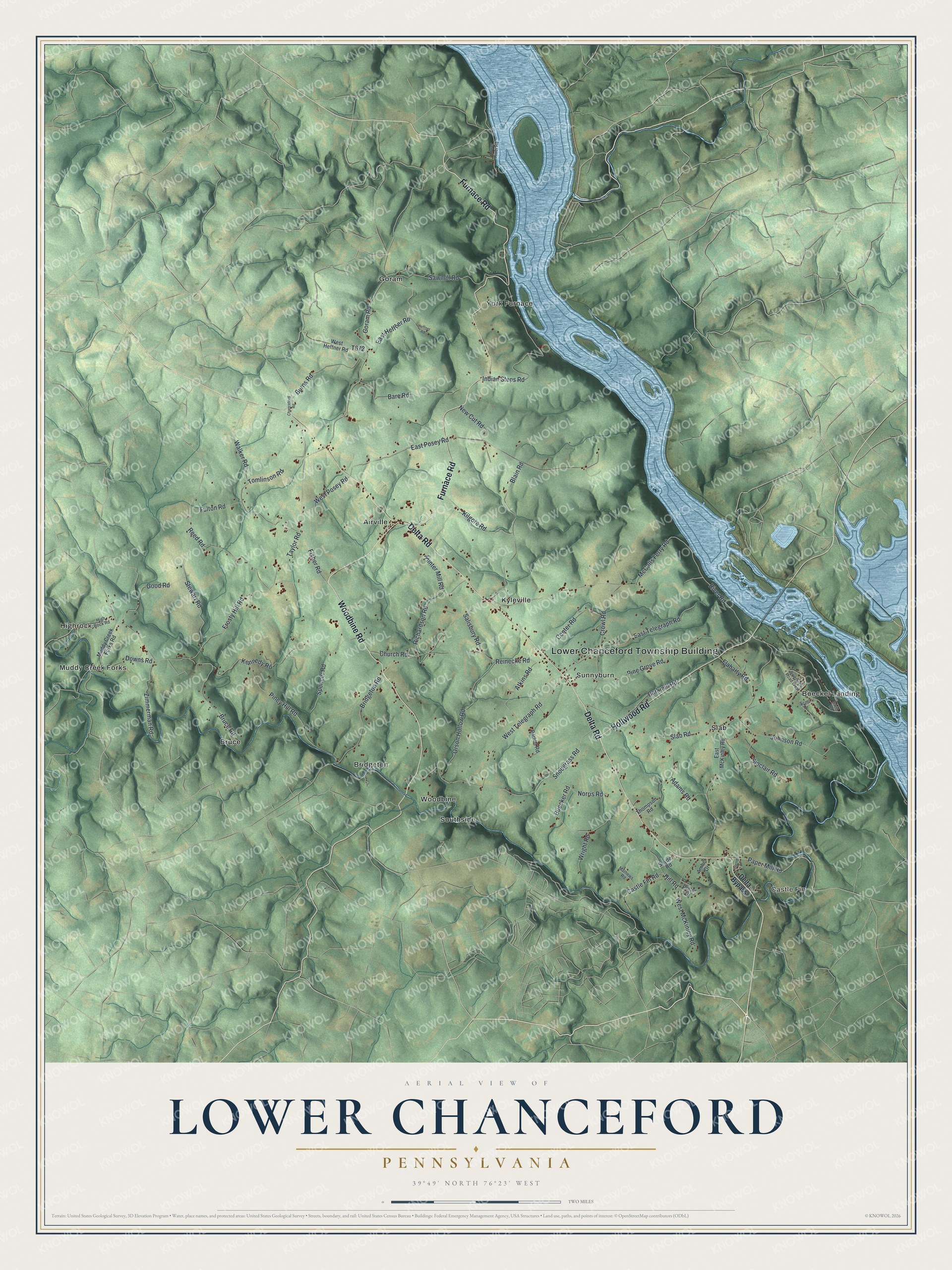 Full map of Lower Chanceford, Pennsylvania, with red buildings, printed street names and the land around them