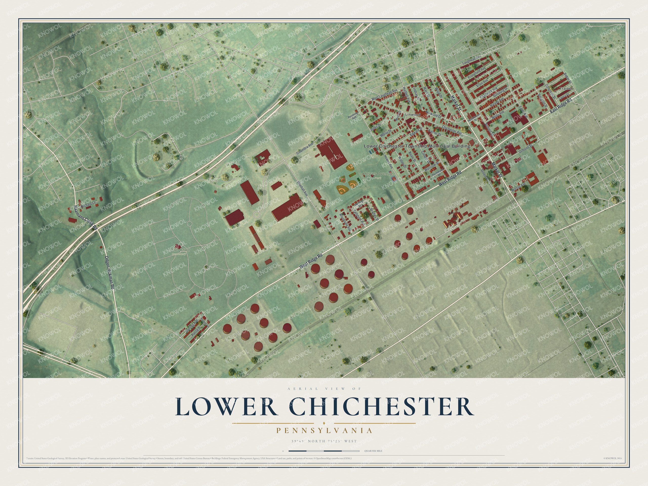 Full map of Lower Chichester, Pennsylvania, with red buildings, printed street names and the land around them
