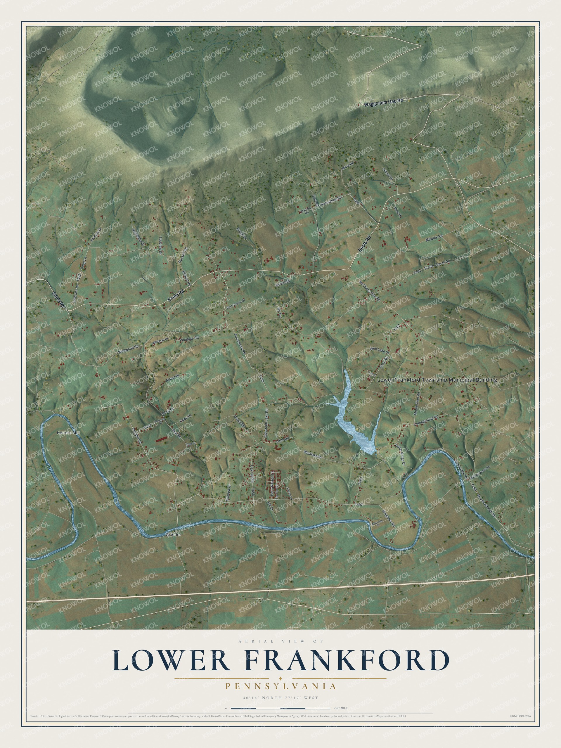 Full map of Lower Frankford, Pennsylvania, with red buildings, printed street names and the land around them
