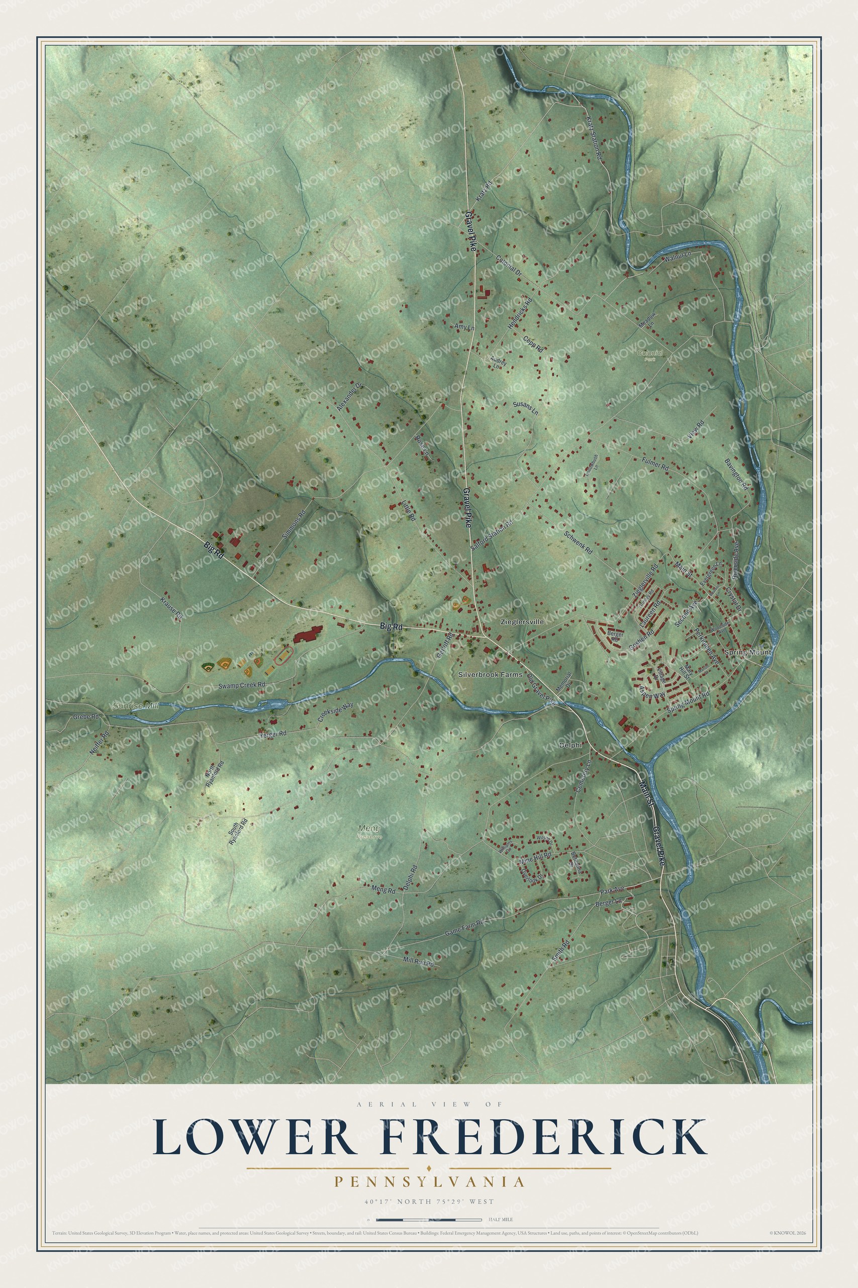 Full map of Lower Frederick, Pennsylvania, with red buildings, printed street names and the land around them