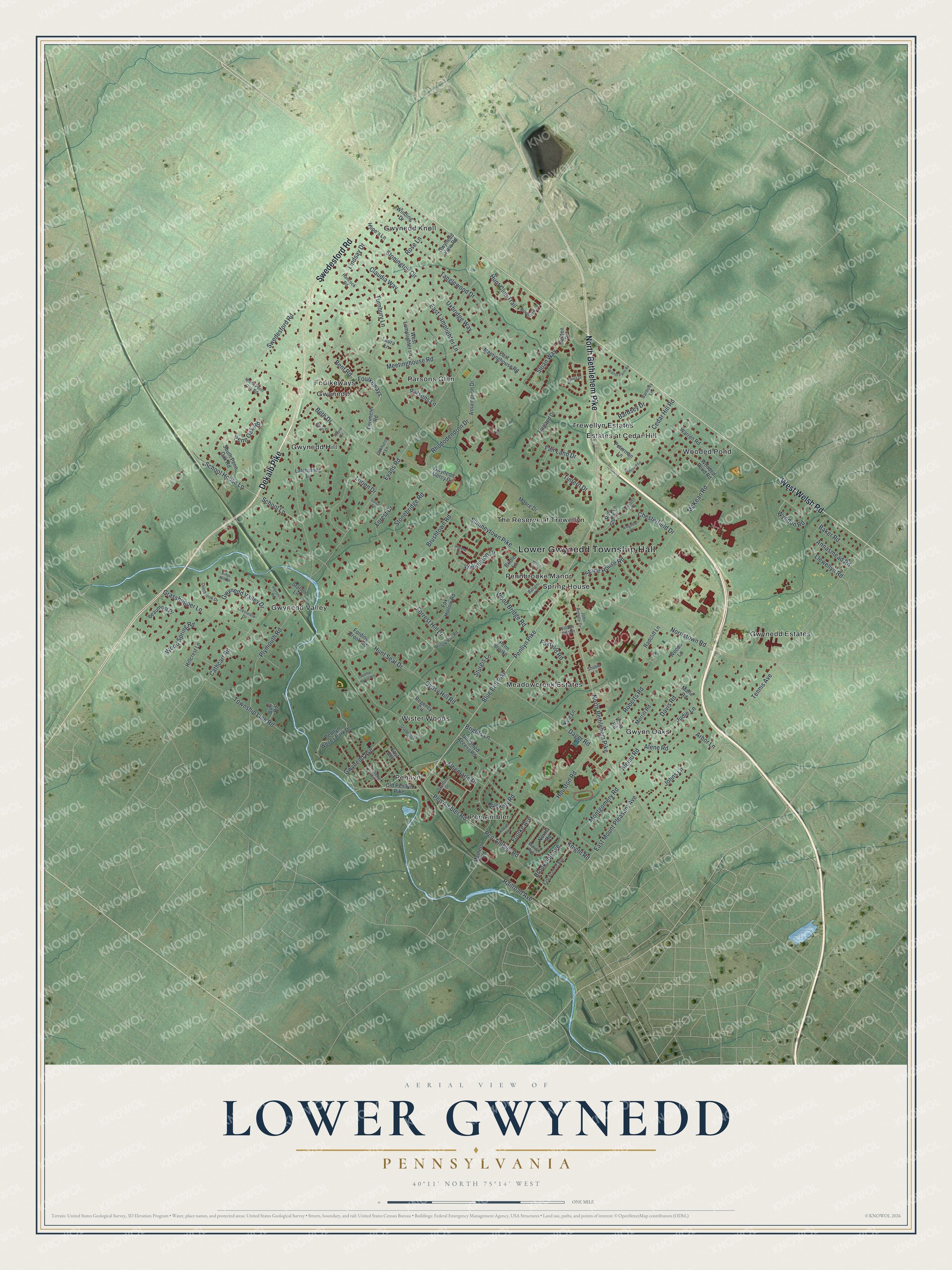 Full map of Lower Gwynedd, Pennsylvania, with red buildings, printed street names and the land around them