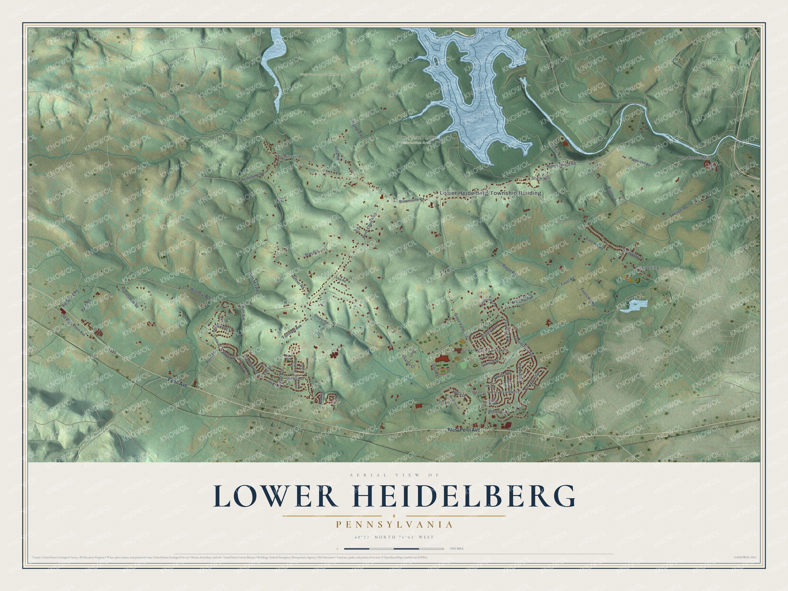 Full map of Lower Heidelberg, Pennsylvania, with red buildings, printed street names and the land around them