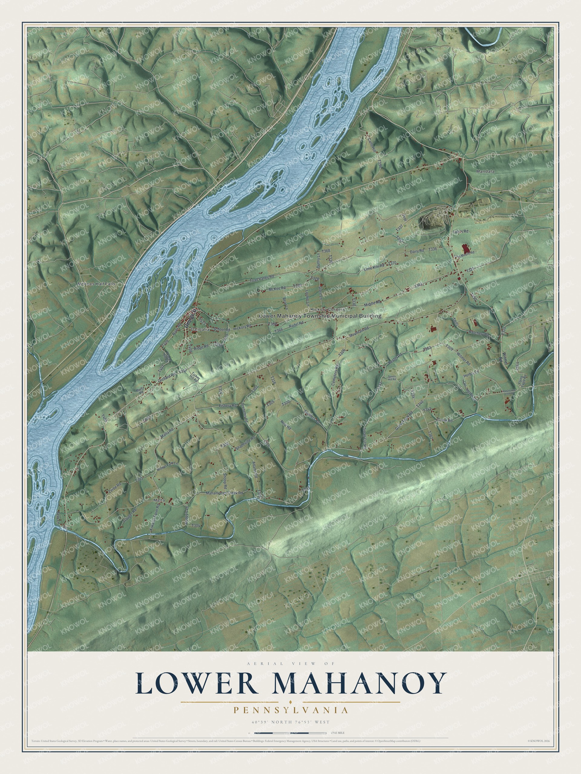 Full map of Lower Mahanoy, Pennsylvania, with red buildings, printed street names and the land around them