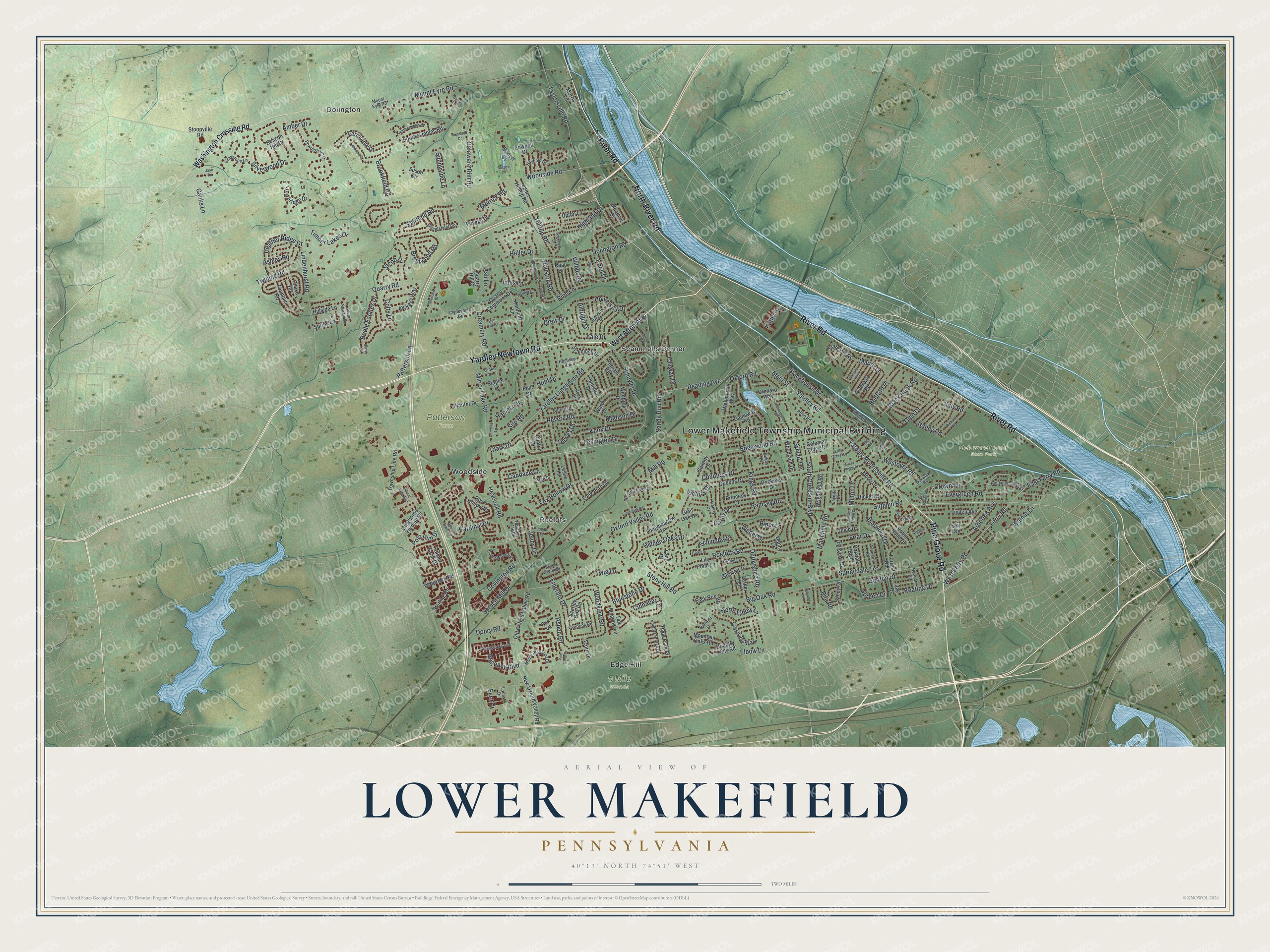 Full map of Lower Makefield, Pennsylvania, with red buildings, printed street names and the land around them