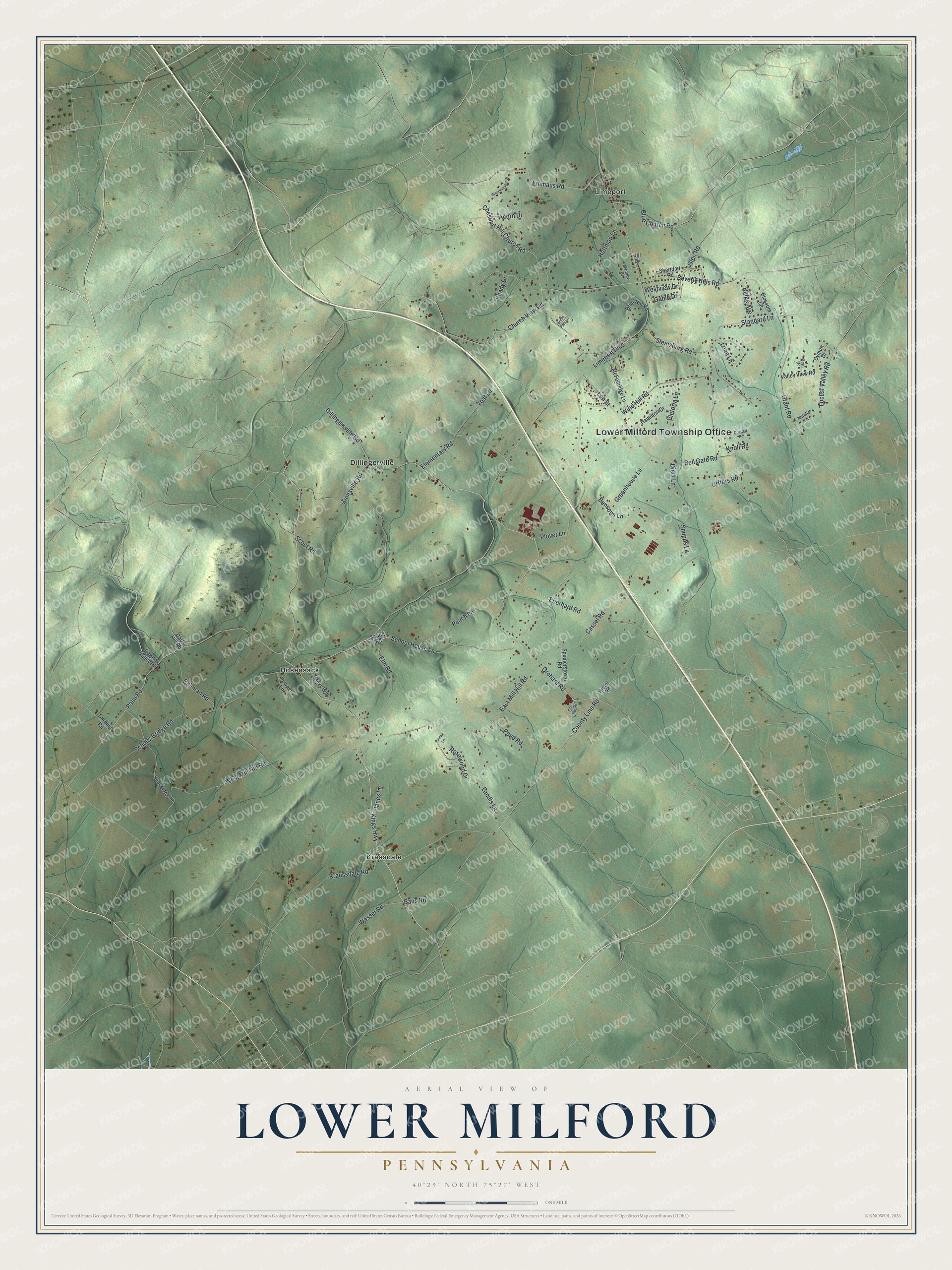 Full map of Lower Milford, Pennsylvania, with red buildings, printed street names and the land around them