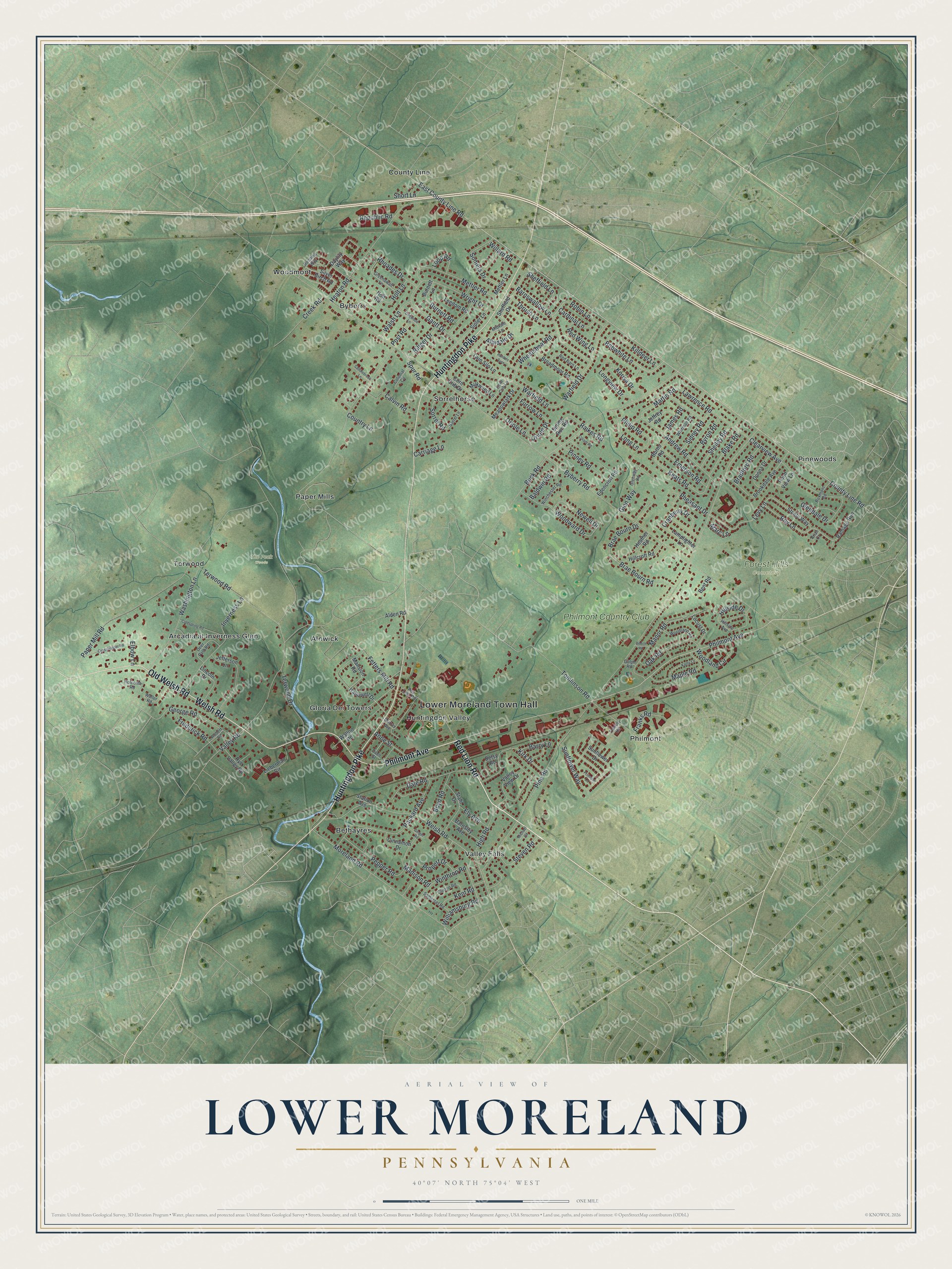 Full map of Lower Moreland, Pennsylvania, with red buildings, printed street names and the land around them