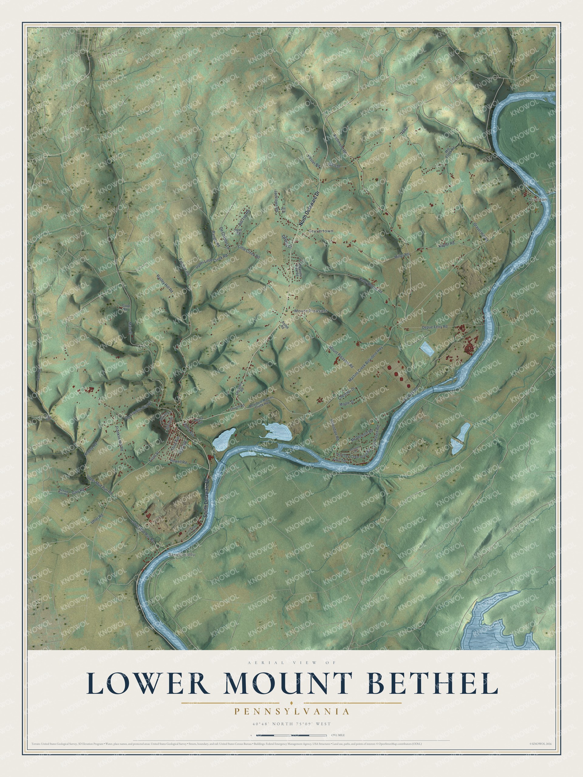 Full map of Lower Mount Bethel, Pennsylvania, with red buildings, printed street names and the land around them