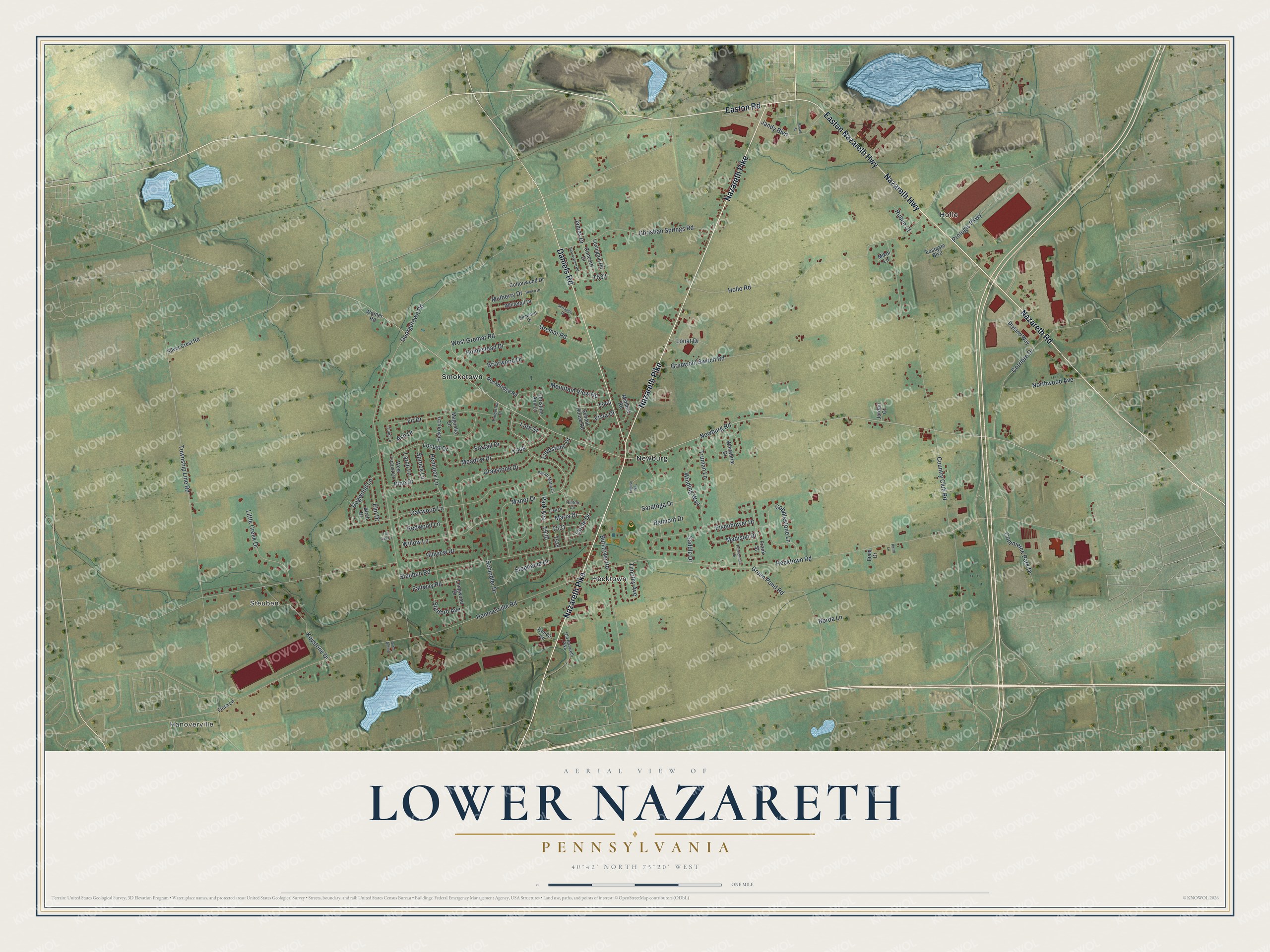 Full map of Lower Nazareth, Pennsylvania, with red buildings, printed street names and the land around them