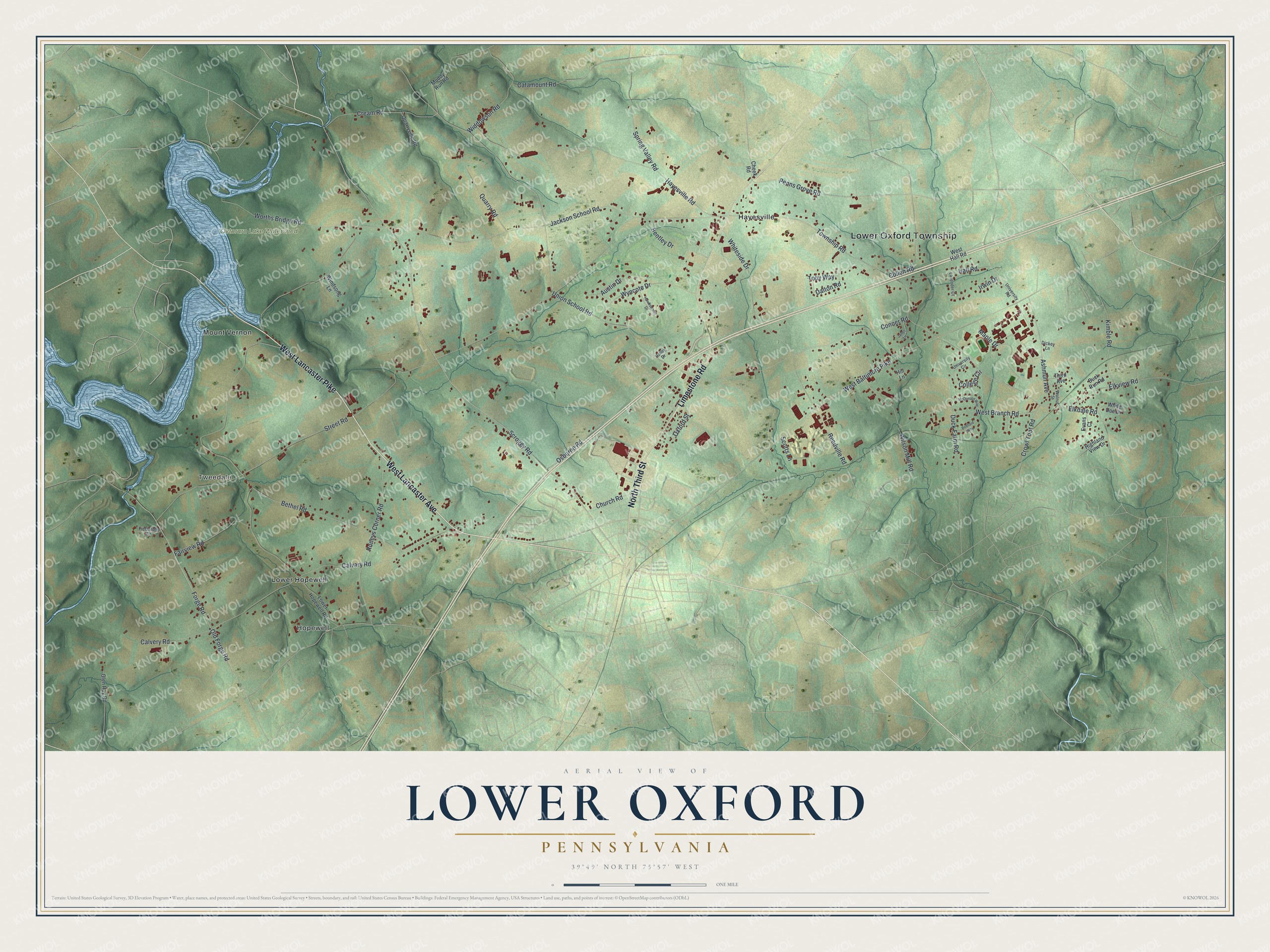 Full map of Lower Oxford, Pennsylvania, with red buildings, printed street names and the land around them