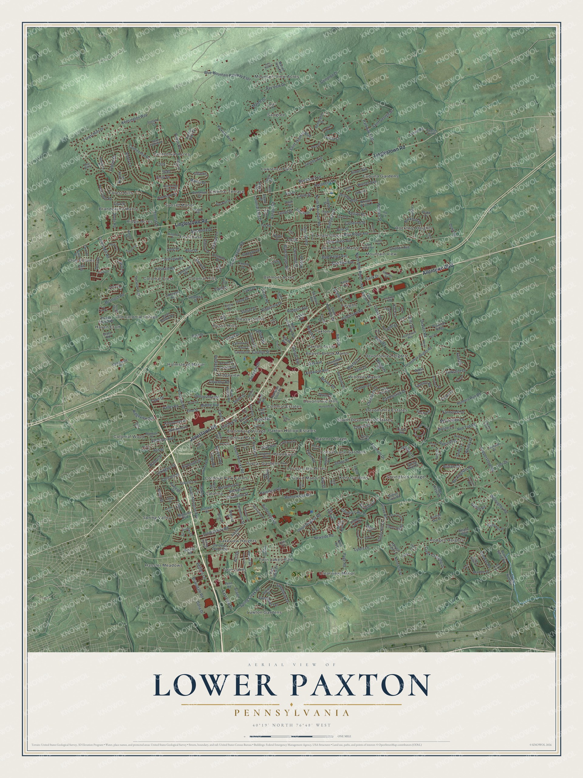 Map of Lower Paxton Township, Pennsylvania, with a green ridge along the top and red buildings filling the neighborhoods below