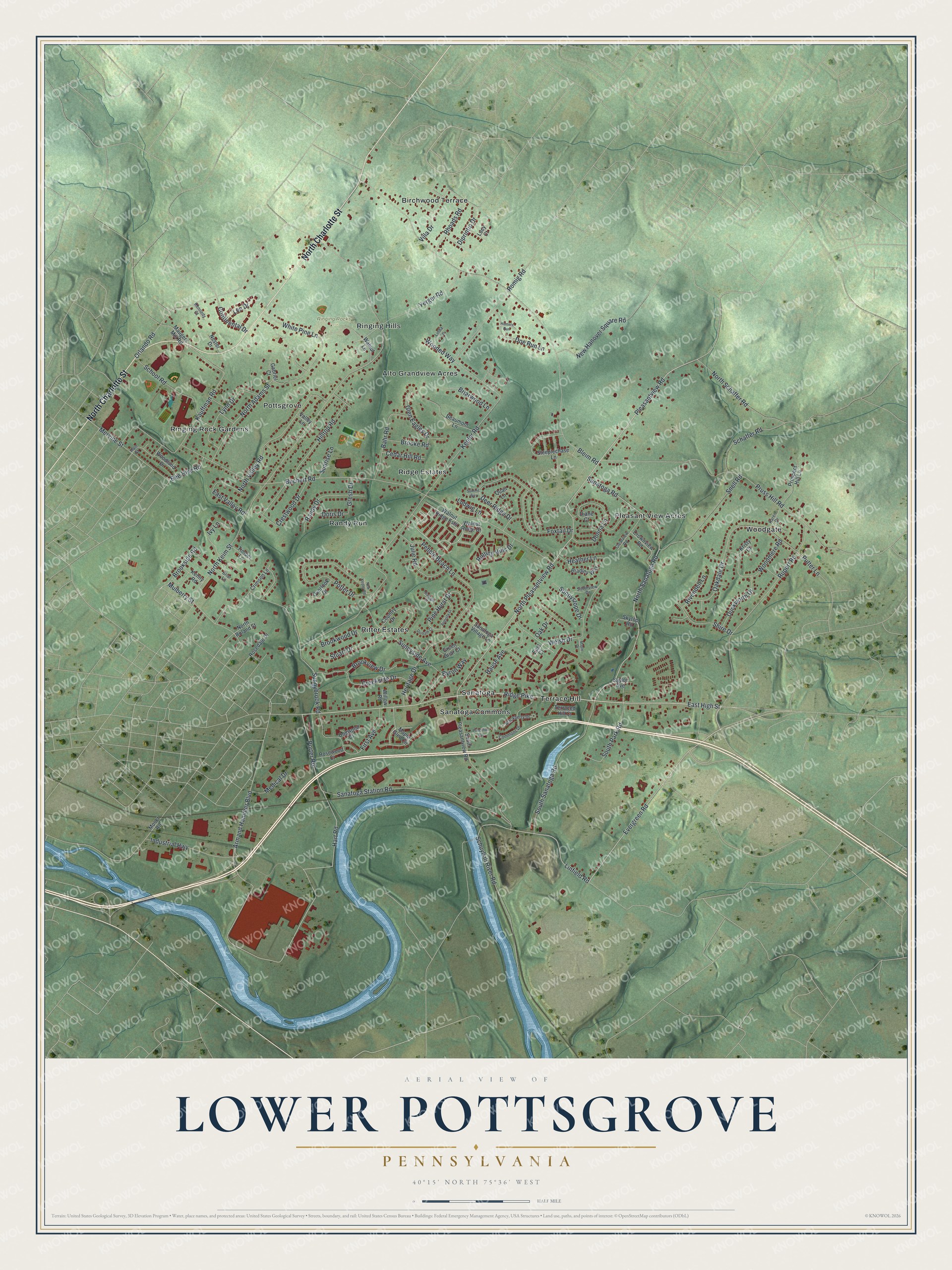Full map of Lower Pottsgrove, Pennsylvania, with red buildings, printed street names and the land around them