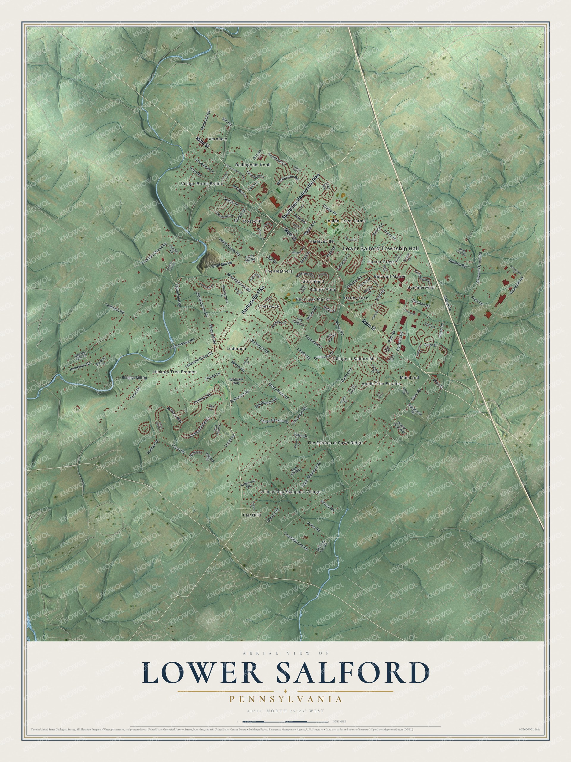 Full map of Lower Salford, Pennsylvania, with red buildings, printed street names and the land around them