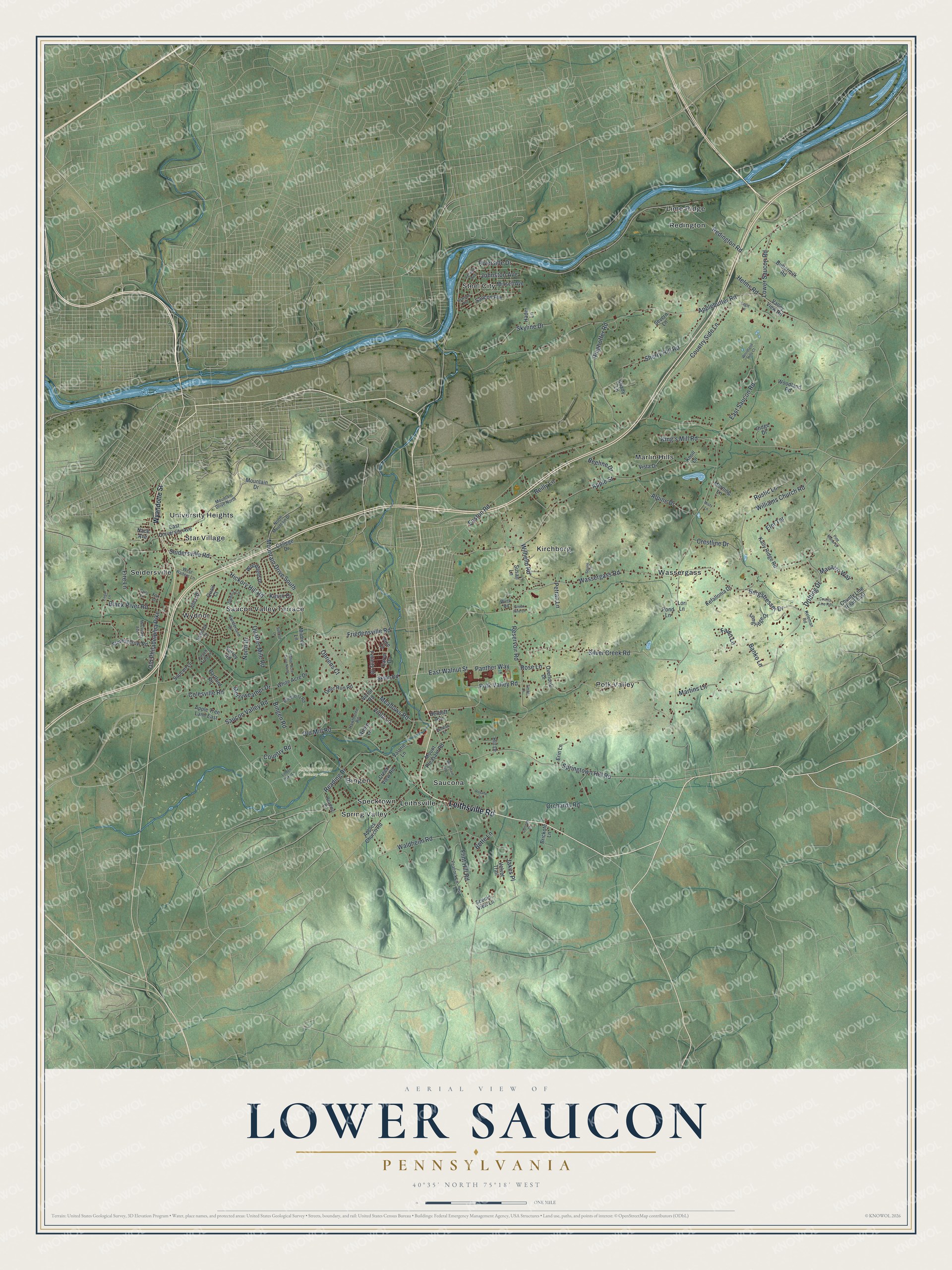 Full map of Lower Saucon, Pennsylvania, with red buildings, printed street names and the land around them
