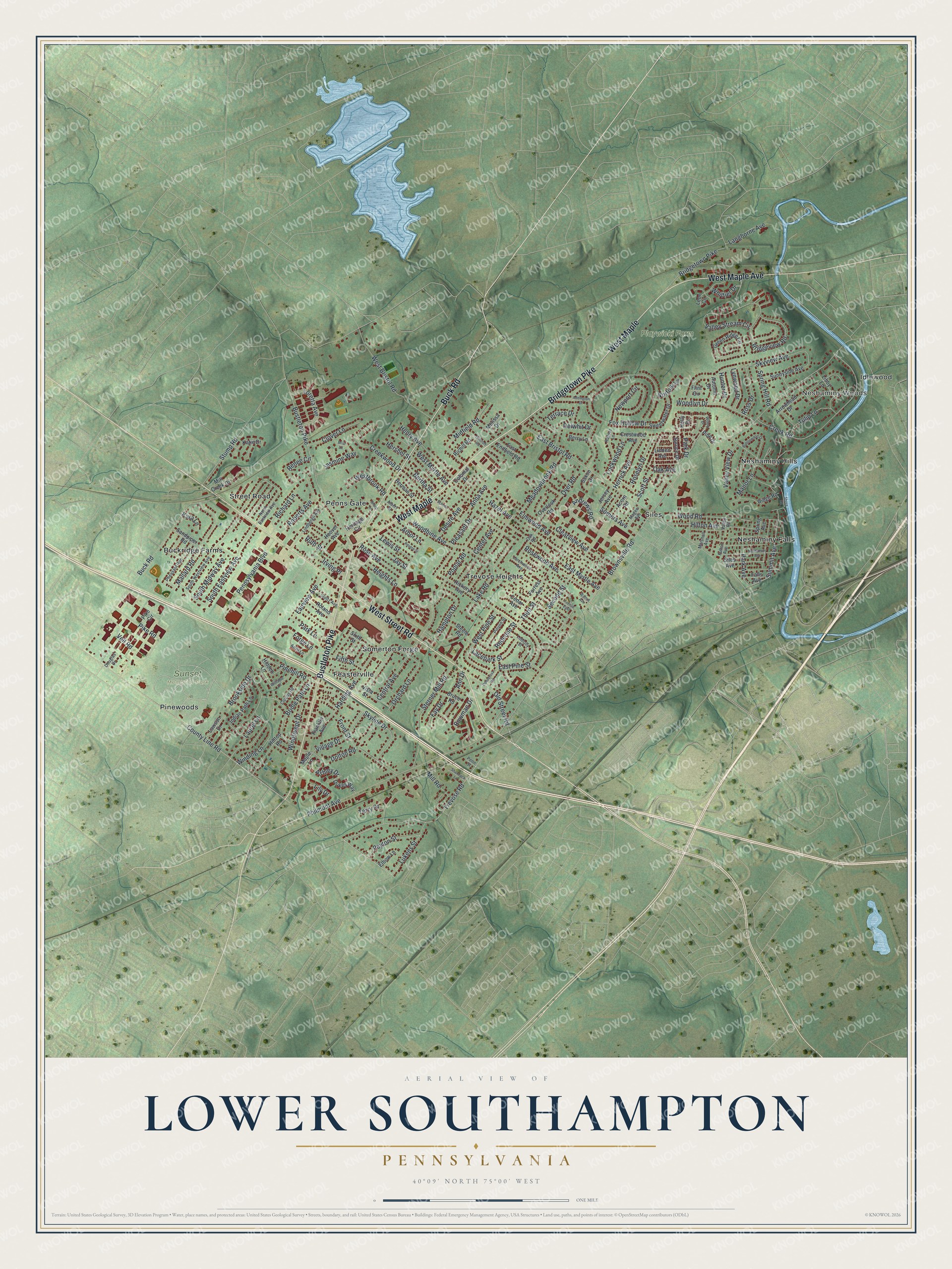 Full map of Lower Southampton, Pennsylvania, with red buildings, printed street names and the land around them