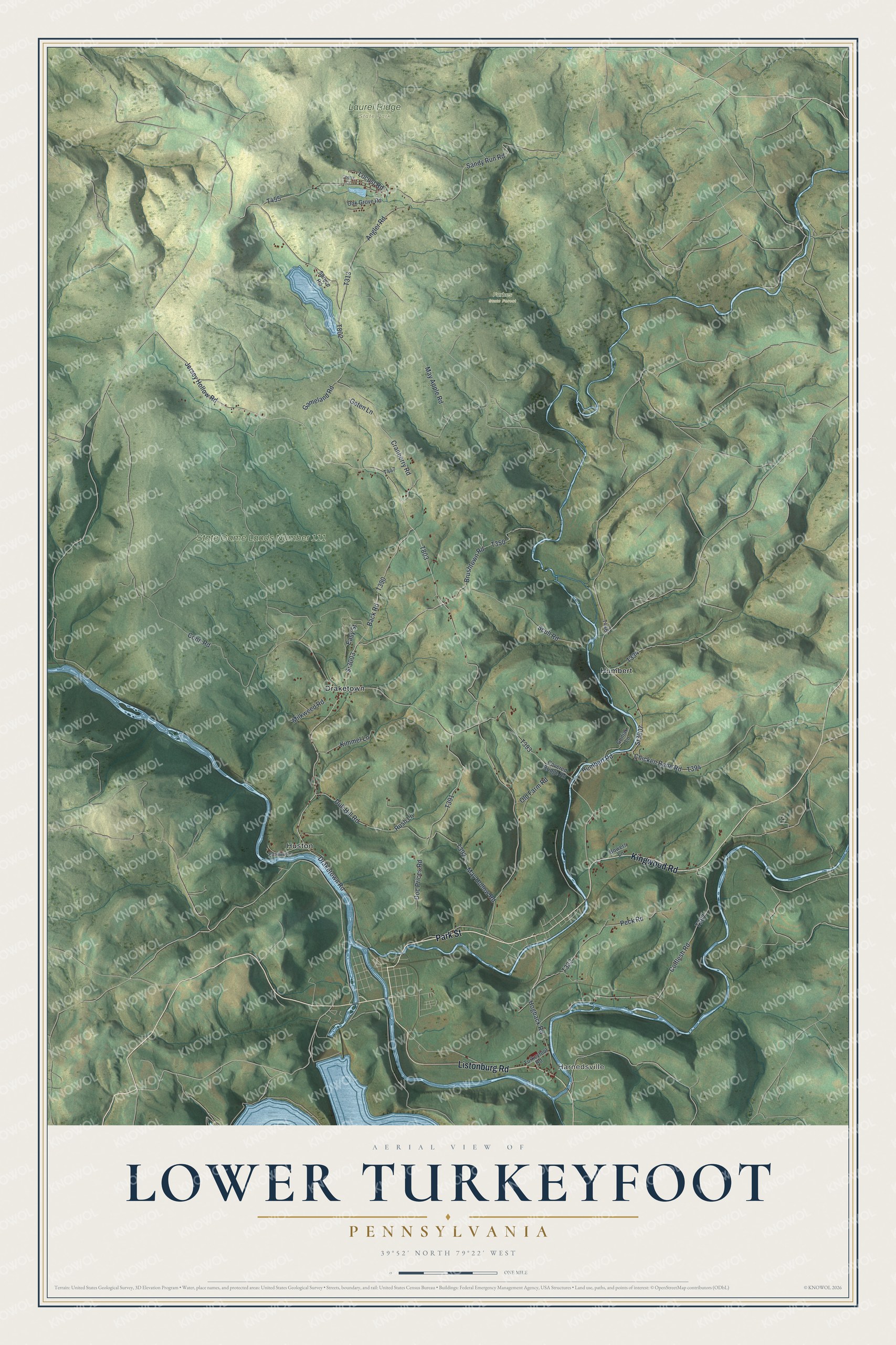 Full map of Lower Turkeyfoot, Pennsylvania, with red buildings, printed street names and the land around them