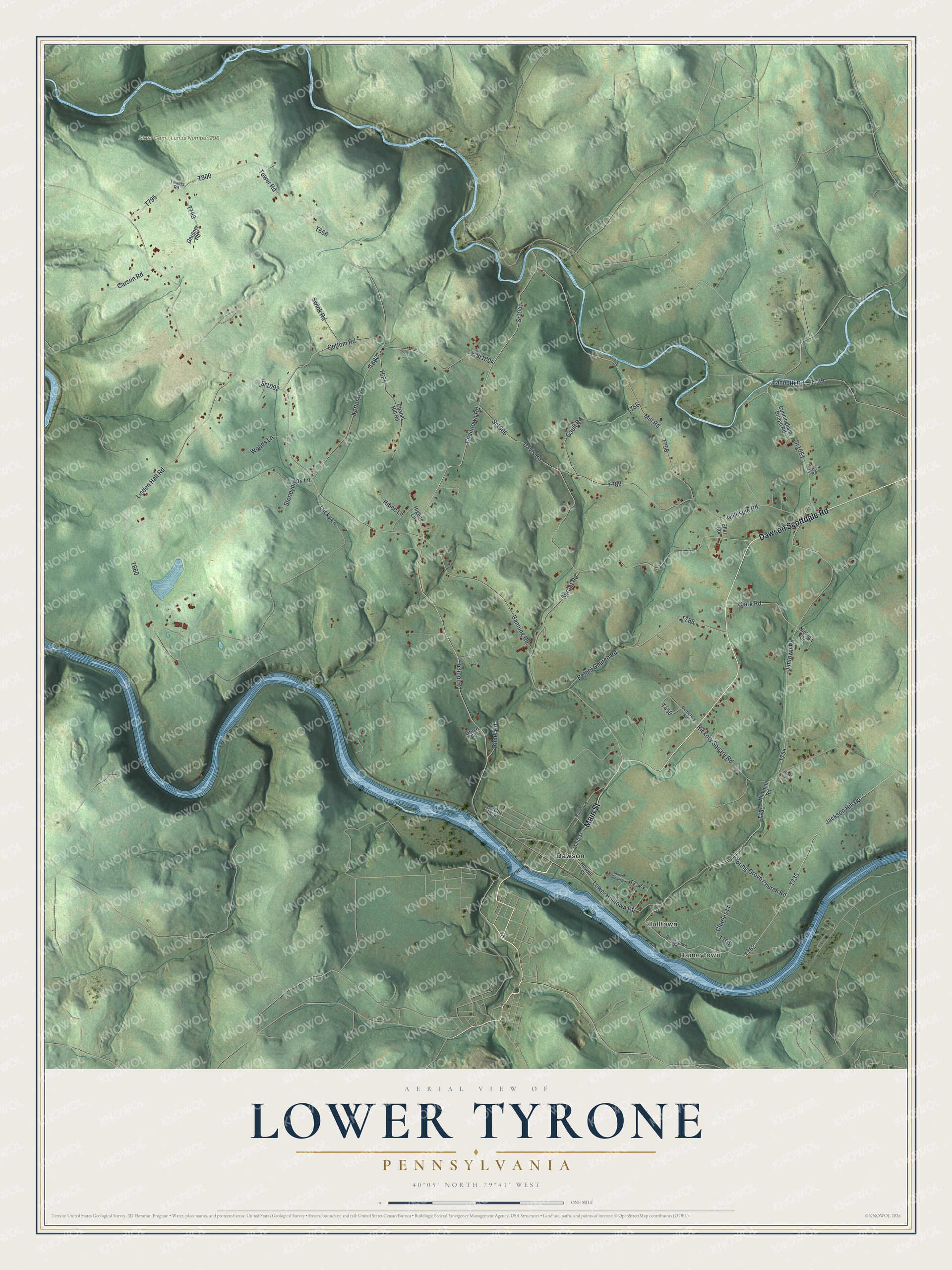 Aerial map of Lower Tyrone, Pennsylvania with green shaded hills, a wide blue river along the bottom and small red buildings