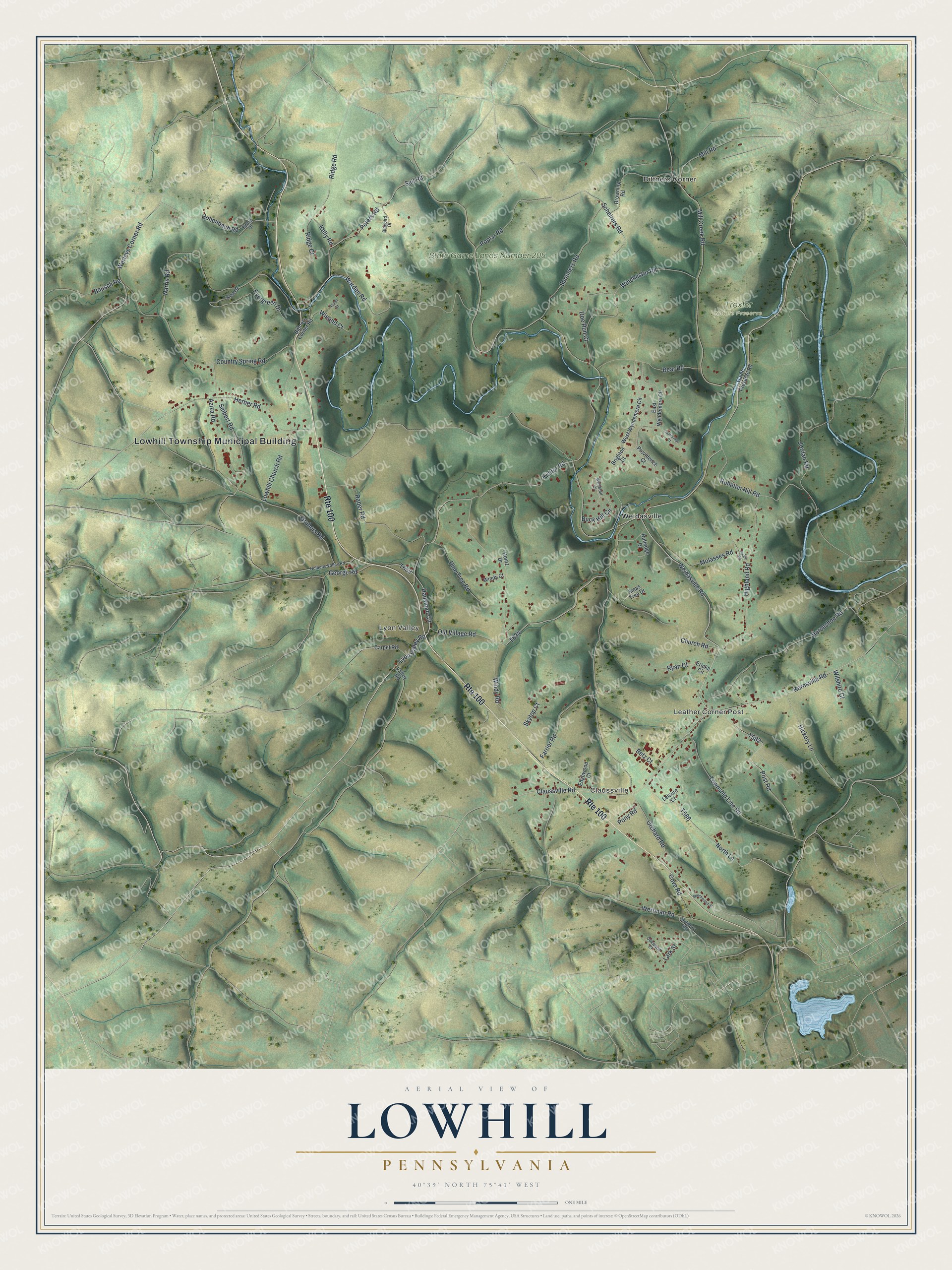 Full map of Lowhill, Pennsylvania, with red buildings, printed street names and the land around them