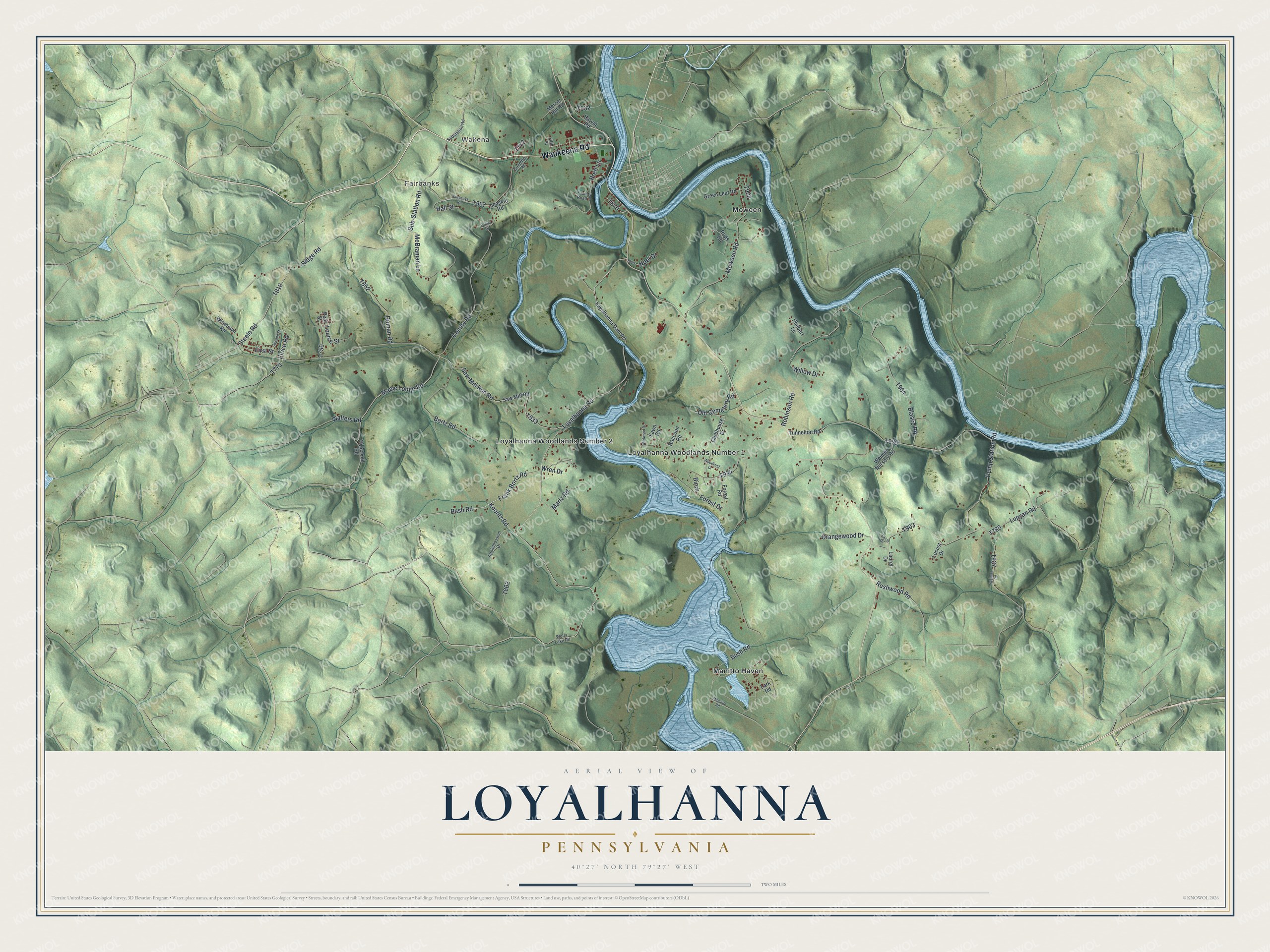Full map of Loyalhanna, Pennsylvania, with red buildings, printed street names and the land around them