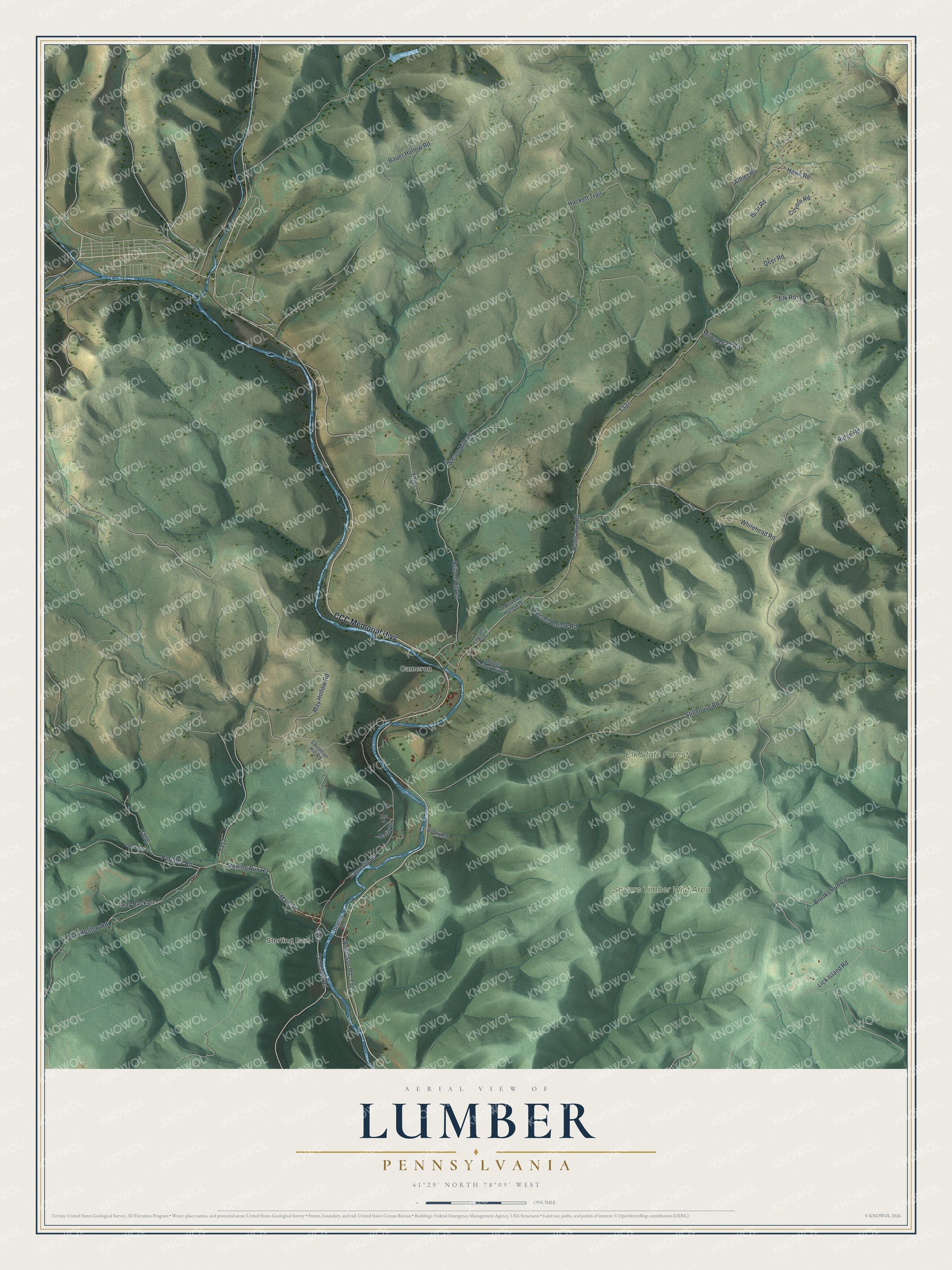 Full map of Lumber, Pennsylvania, with red buildings, printed street names and the land around them