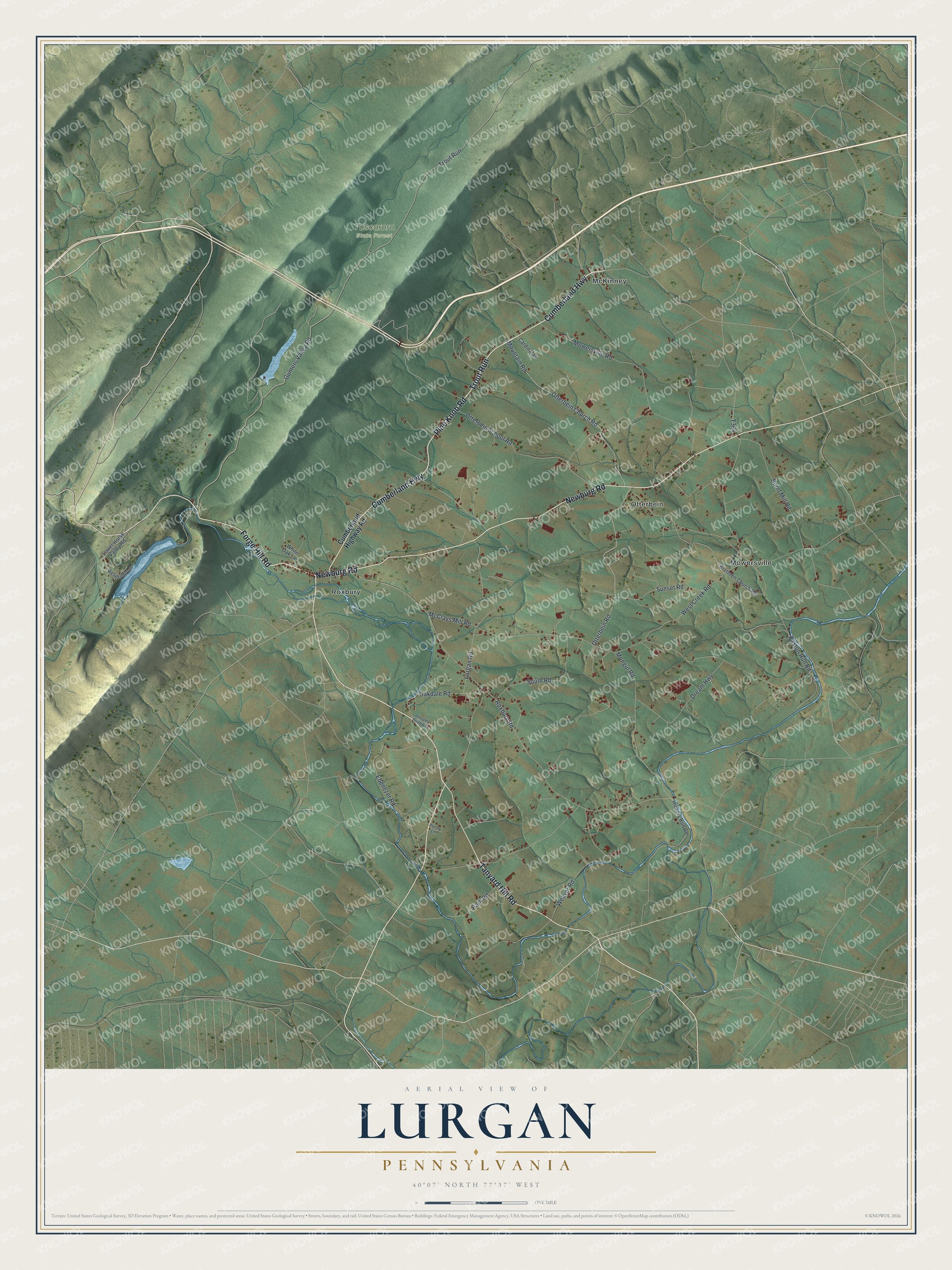 Full map of Lurgan, Pennsylvania, with red buildings, printed street names and the land around them