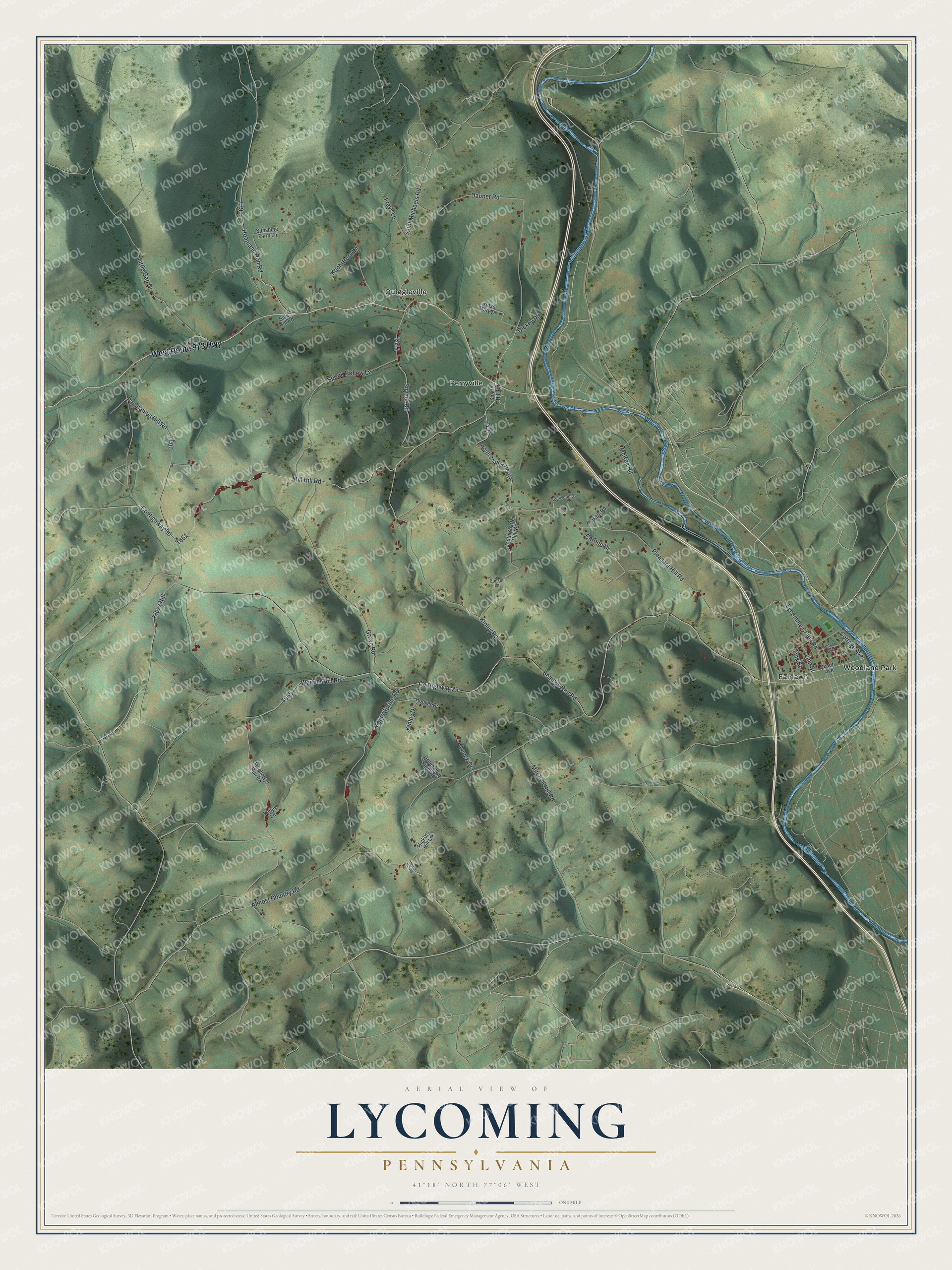 Map of Lycoming Township with shaded ridges, a winding blue creek down the right side, and Perryville, Quiggleville, Fairlawn and Woodland Park