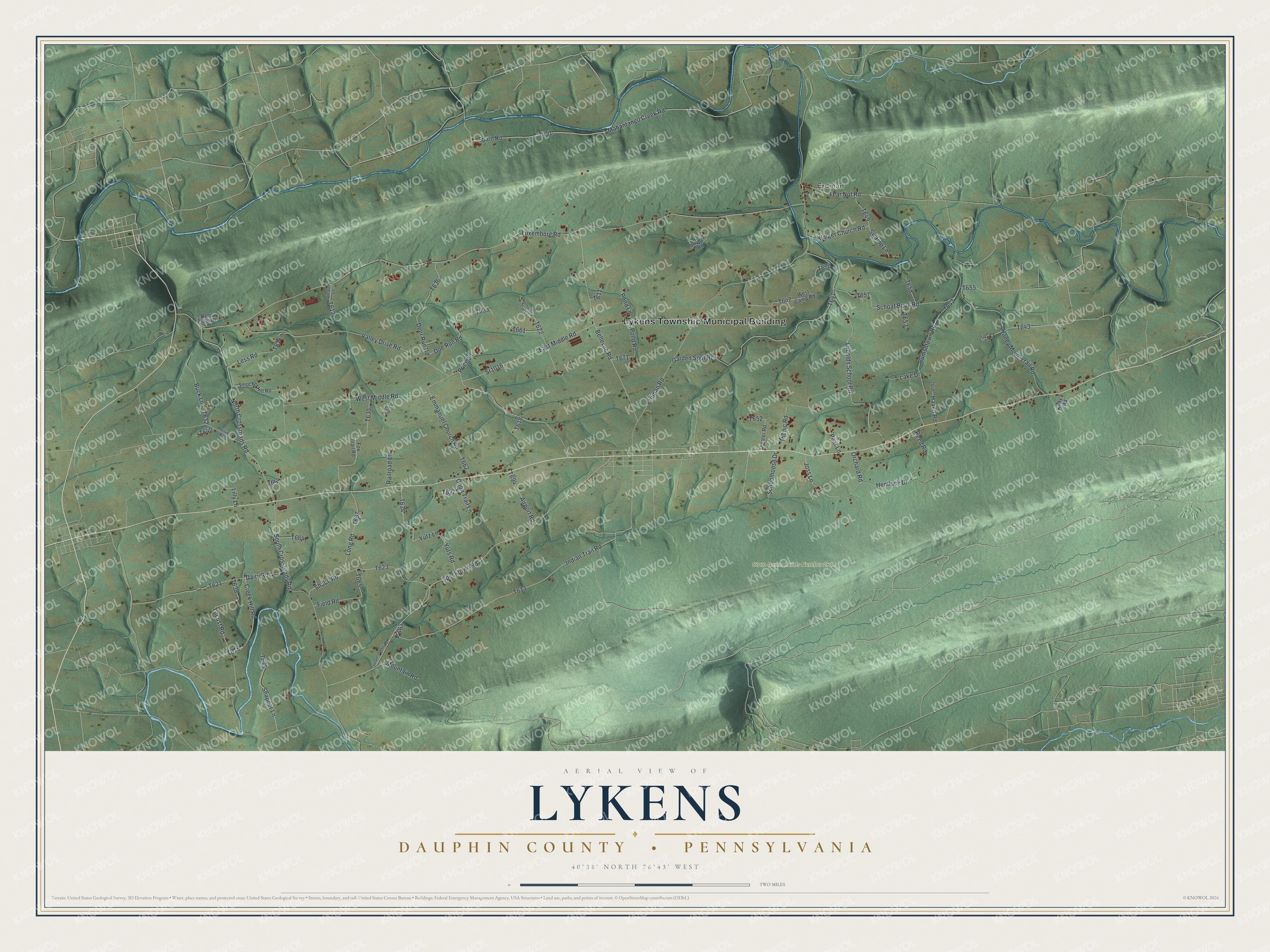 Full map of Lykens Township, Pennsylvania, with red buildings, printed street names and the land around them