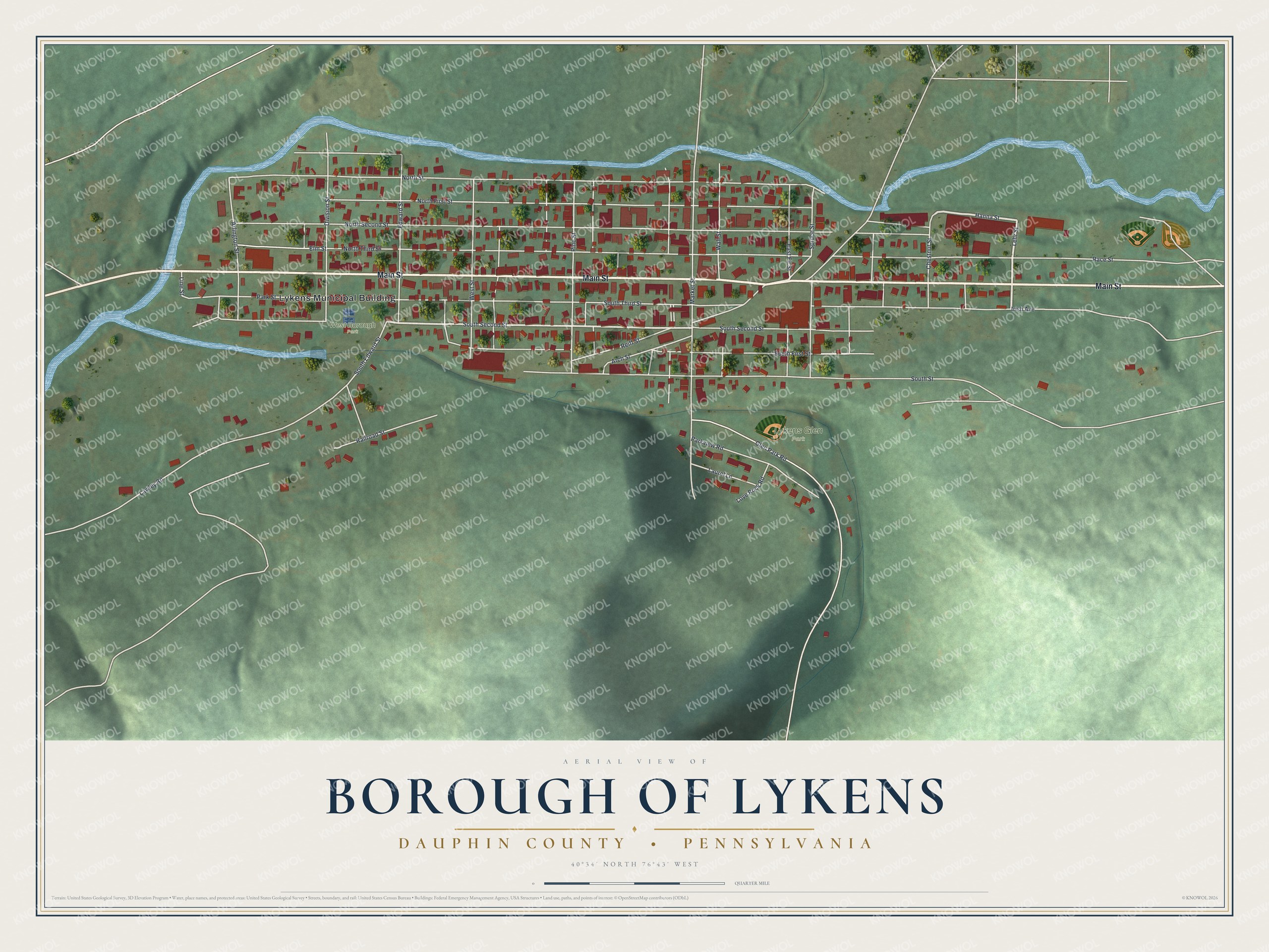 Full map of Lykens Borough, Pennsylvania, with red buildings, printed street names and the land around them