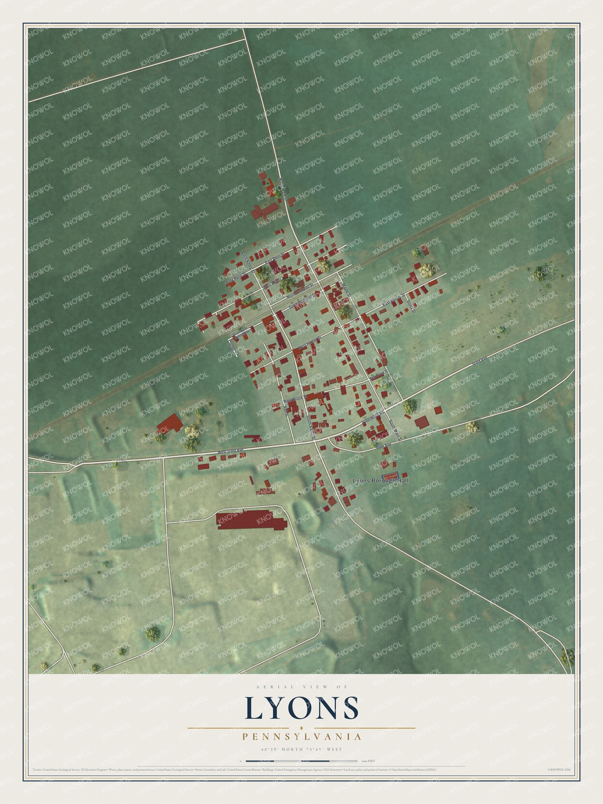 Full map of Lyons, Pennsylvania, with red buildings, printed street names and the land around them