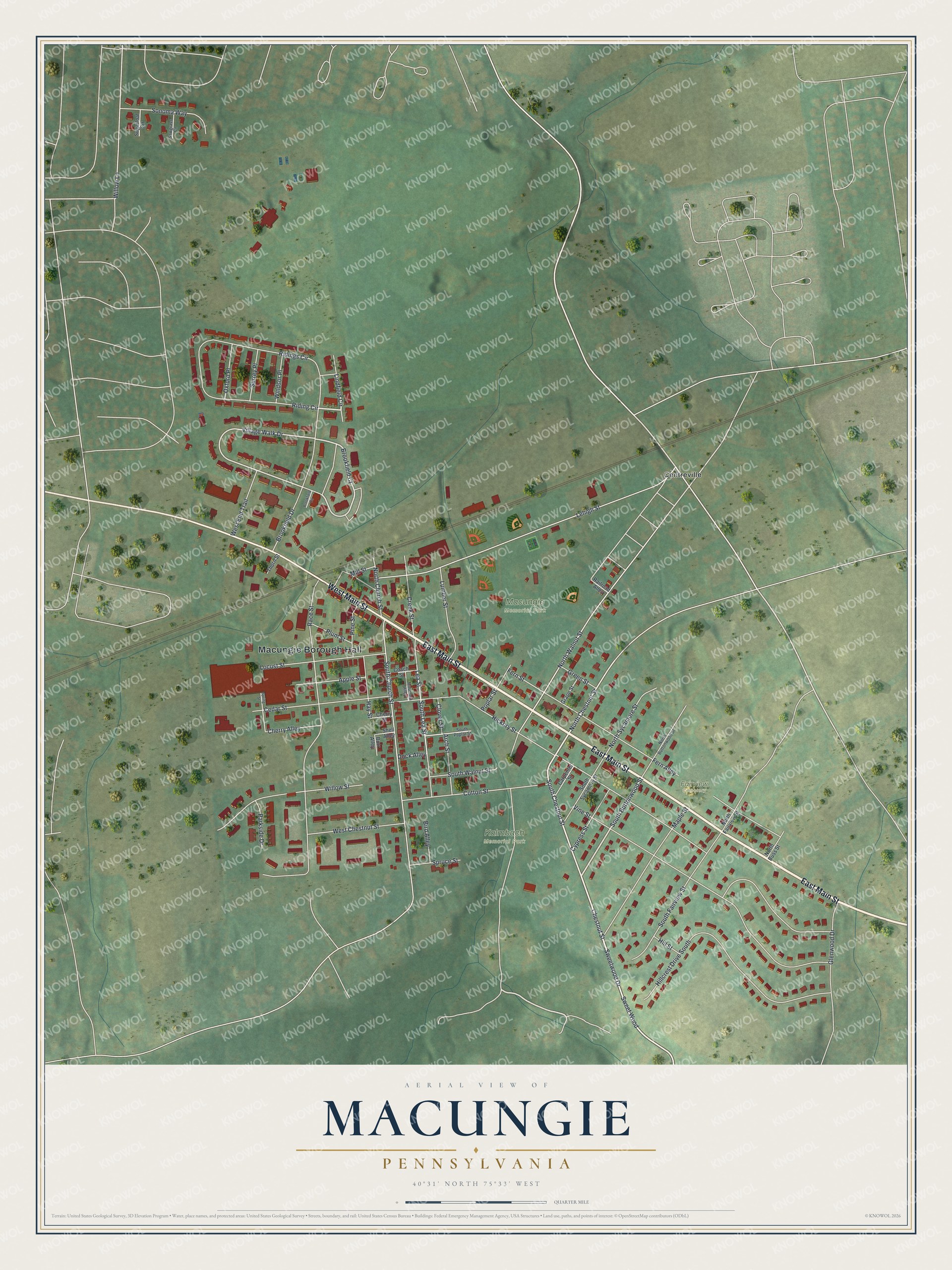 Full map of Macungie, Pennsylvania, with red buildings, printed street names and the land around them
