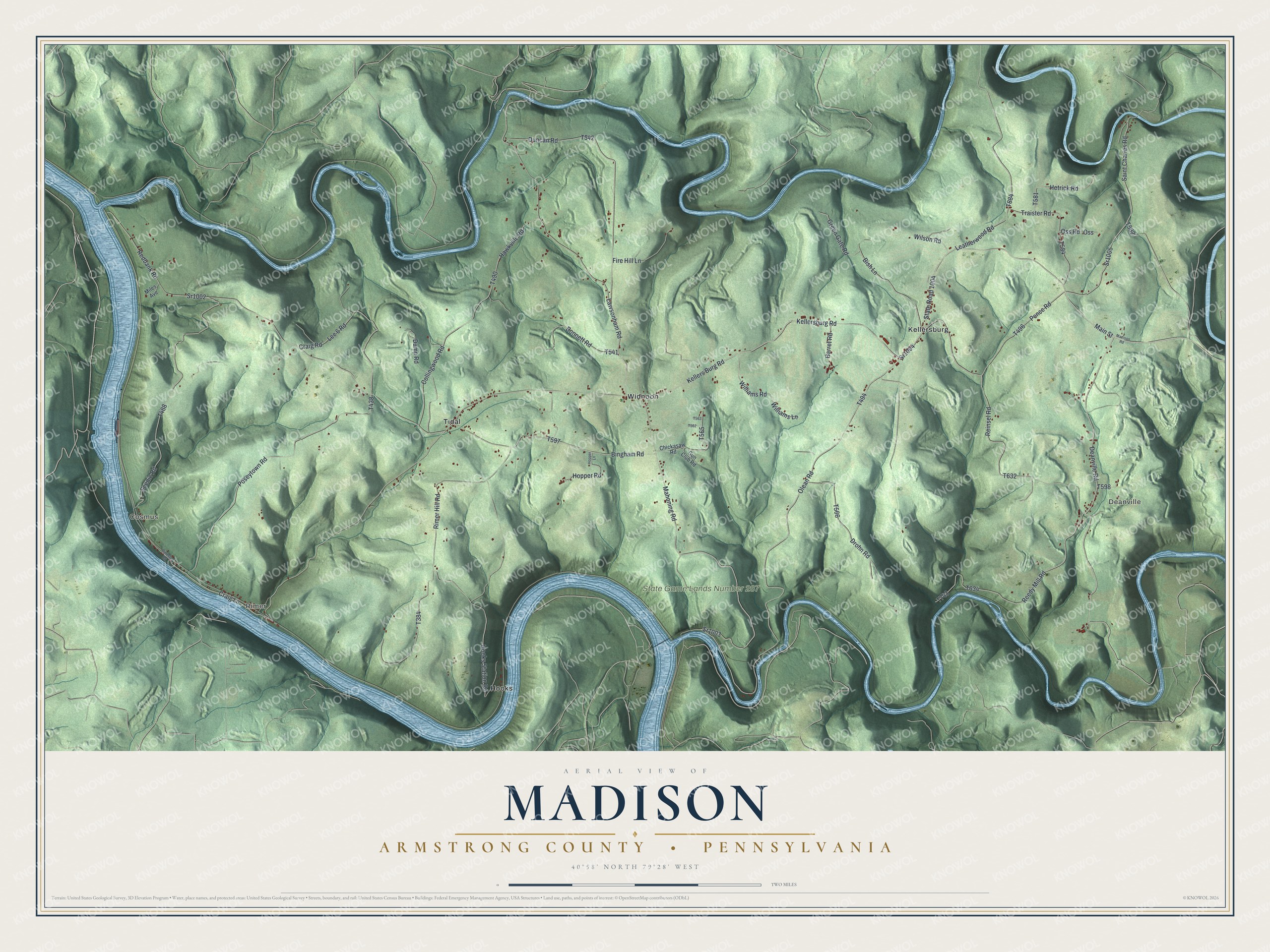 Full map of Madison, Armstrong County, Pennsylvania, with red buildings, printed street names and the land around them