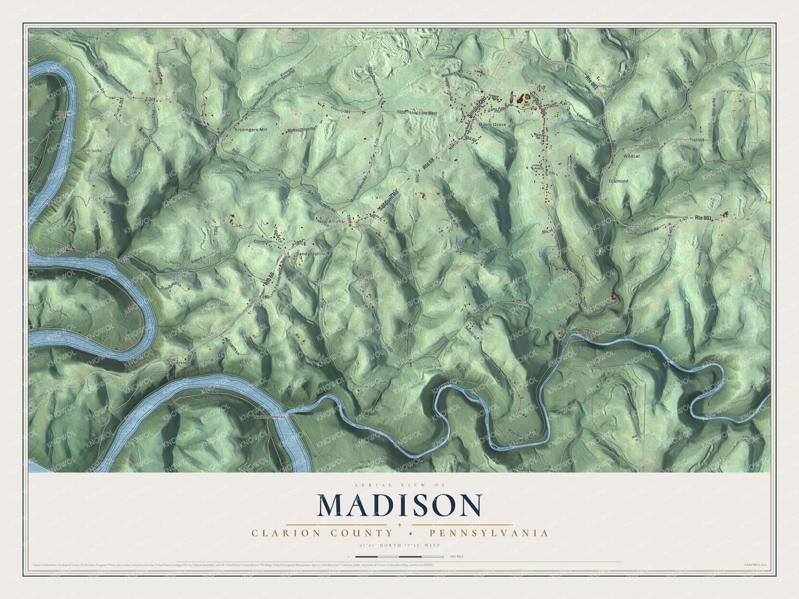 Full map of Madison, Clarion County, Pennsylvania, with red buildings, printed street names and the land around them