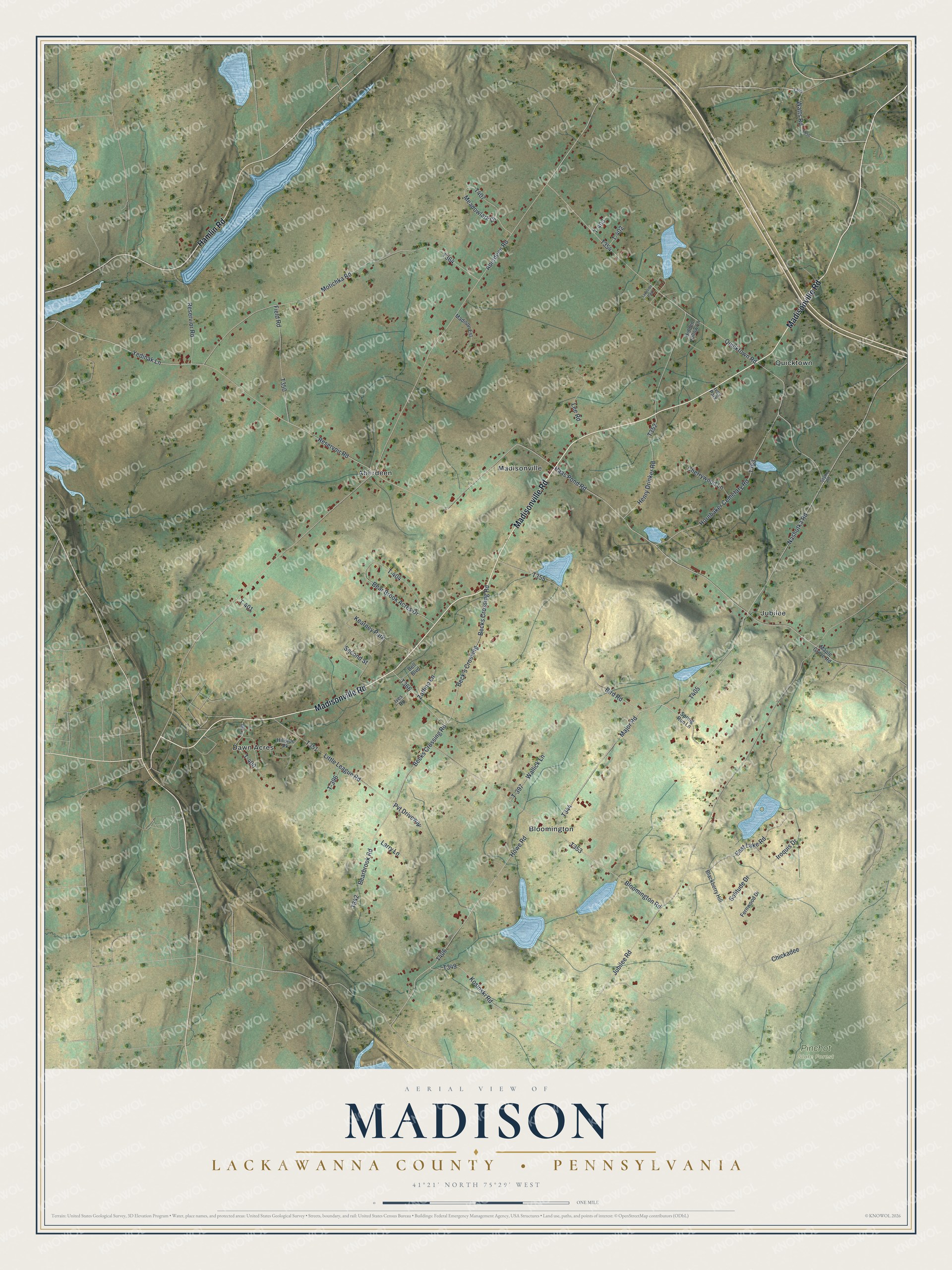 Full map of Madison, Lackawanna County, Pennsylvania, with red buildings, printed street names and the land around them