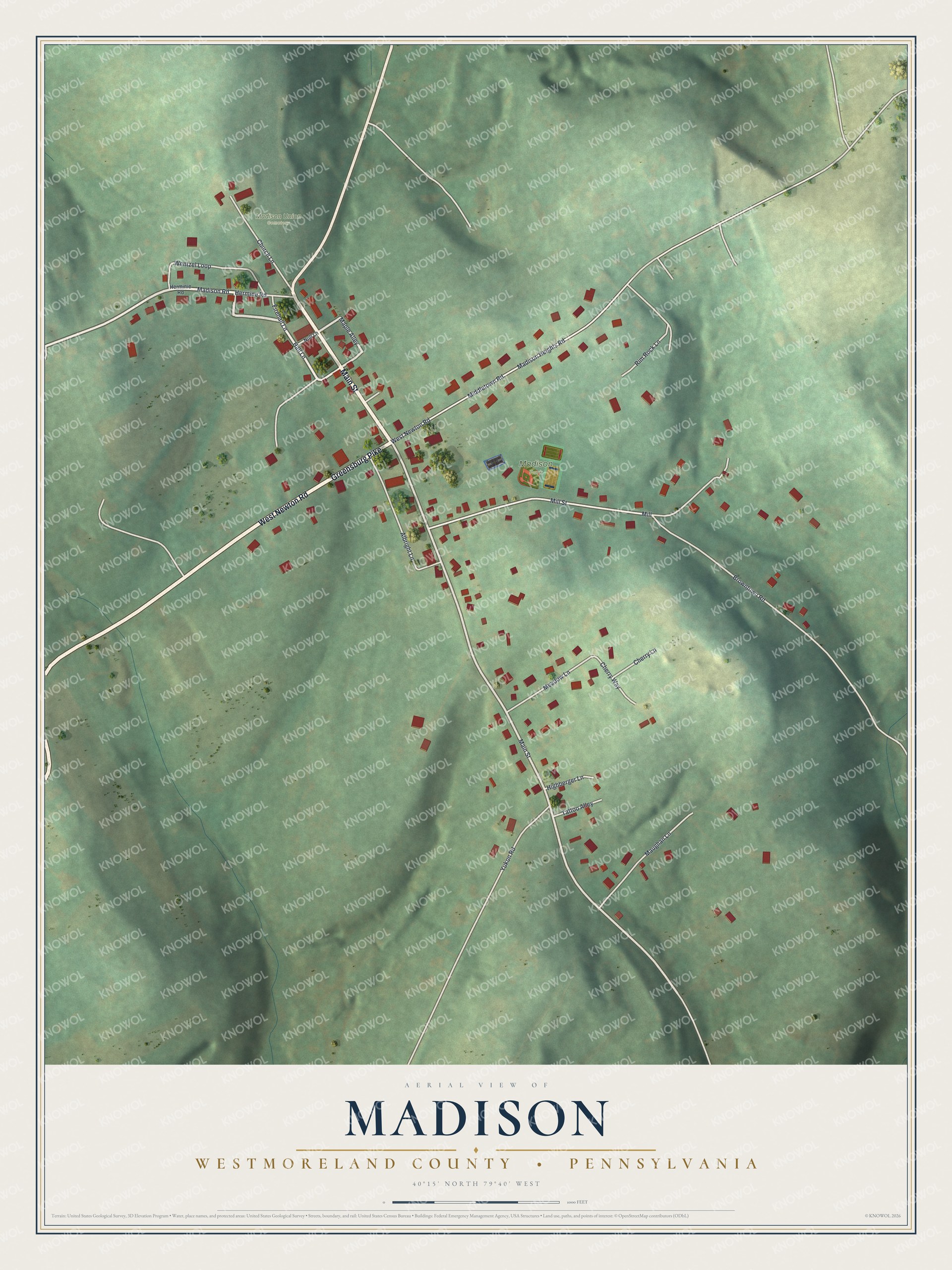 Full map of Madison, Westmoreland County, Pennsylvania, with red buildings, printed street names and the land around them