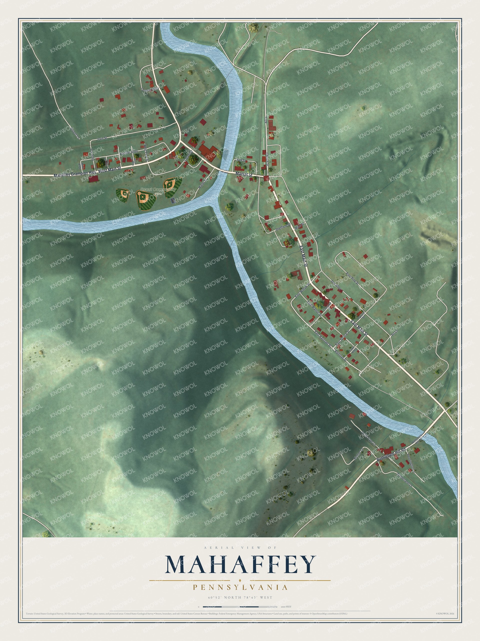Full map of Mahaffey, Pennsylvania, with red buildings, printed street names and the land around them