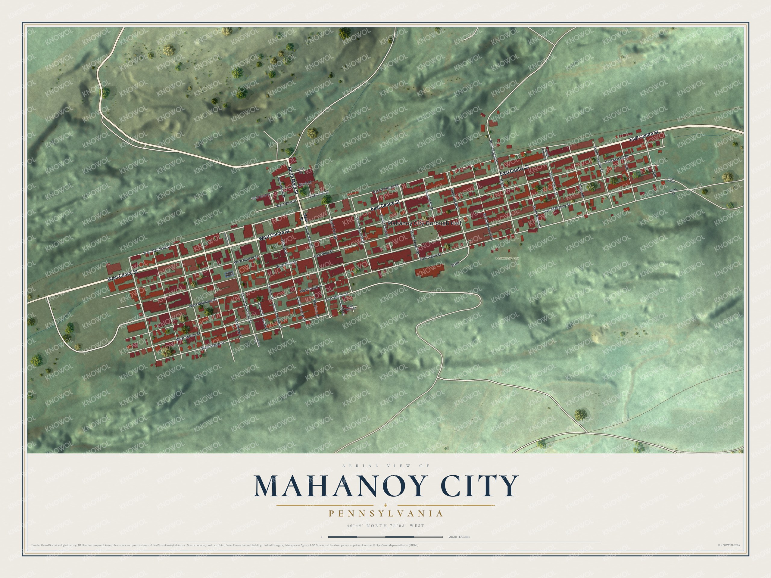 Full map of Mahanoy City, Pennsylvania, with red buildings, printed street names and the land around them