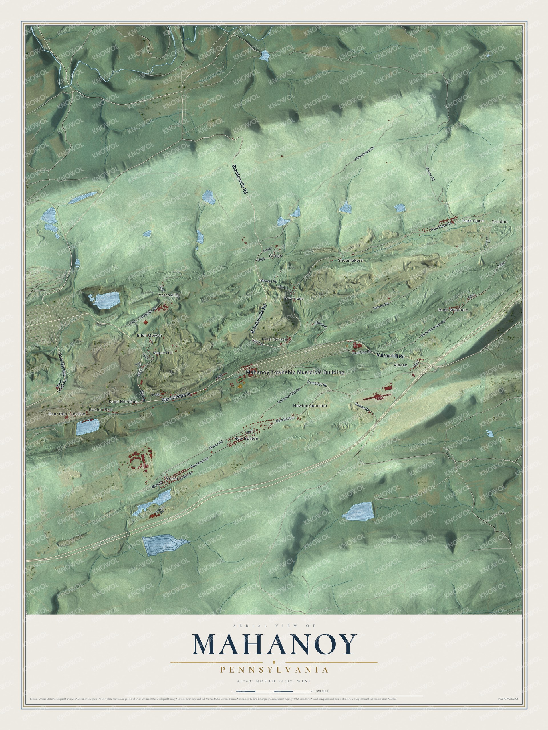 Full map of Mahanoy, Pennsylvania, with red buildings, printed street names and the land around them