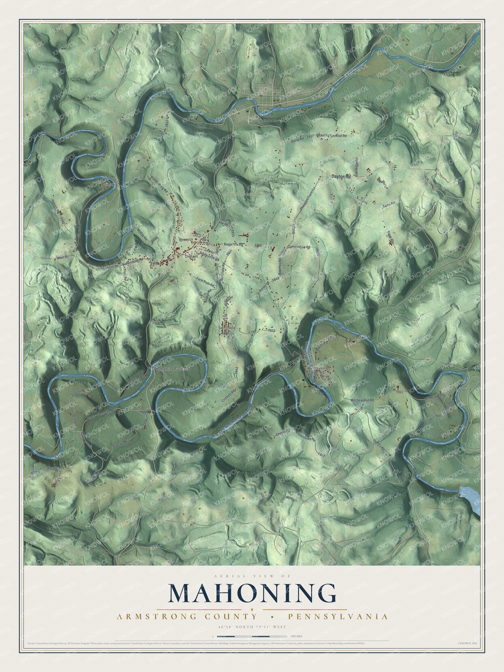 Full map of Mahoning, Armstrong County, Pennsylvania, with red buildings, printed street names and the land around them
