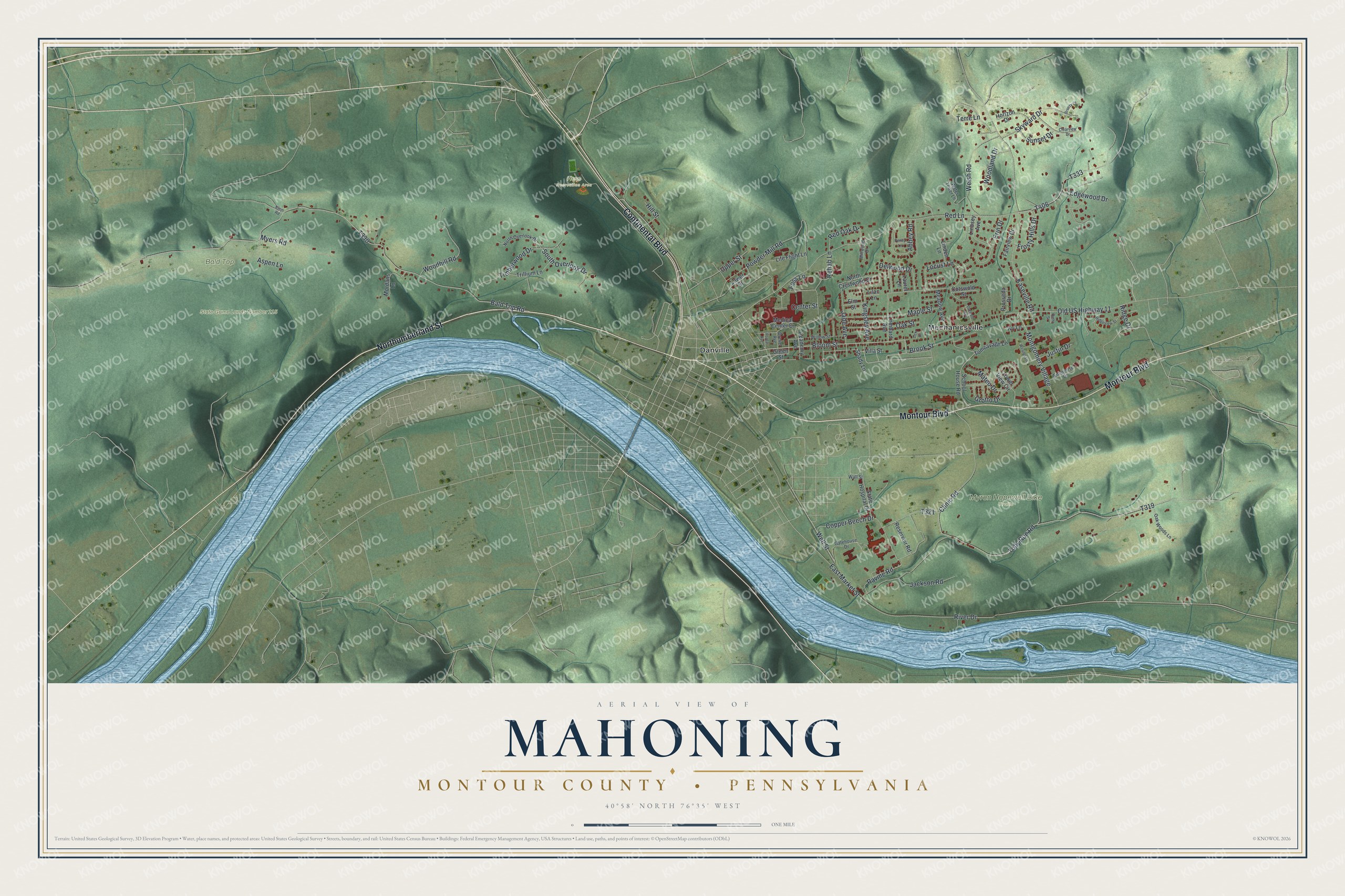 Full map of Mahoning, Montour County, Pennsylvania, with red buildings, printed street names and the land around them
