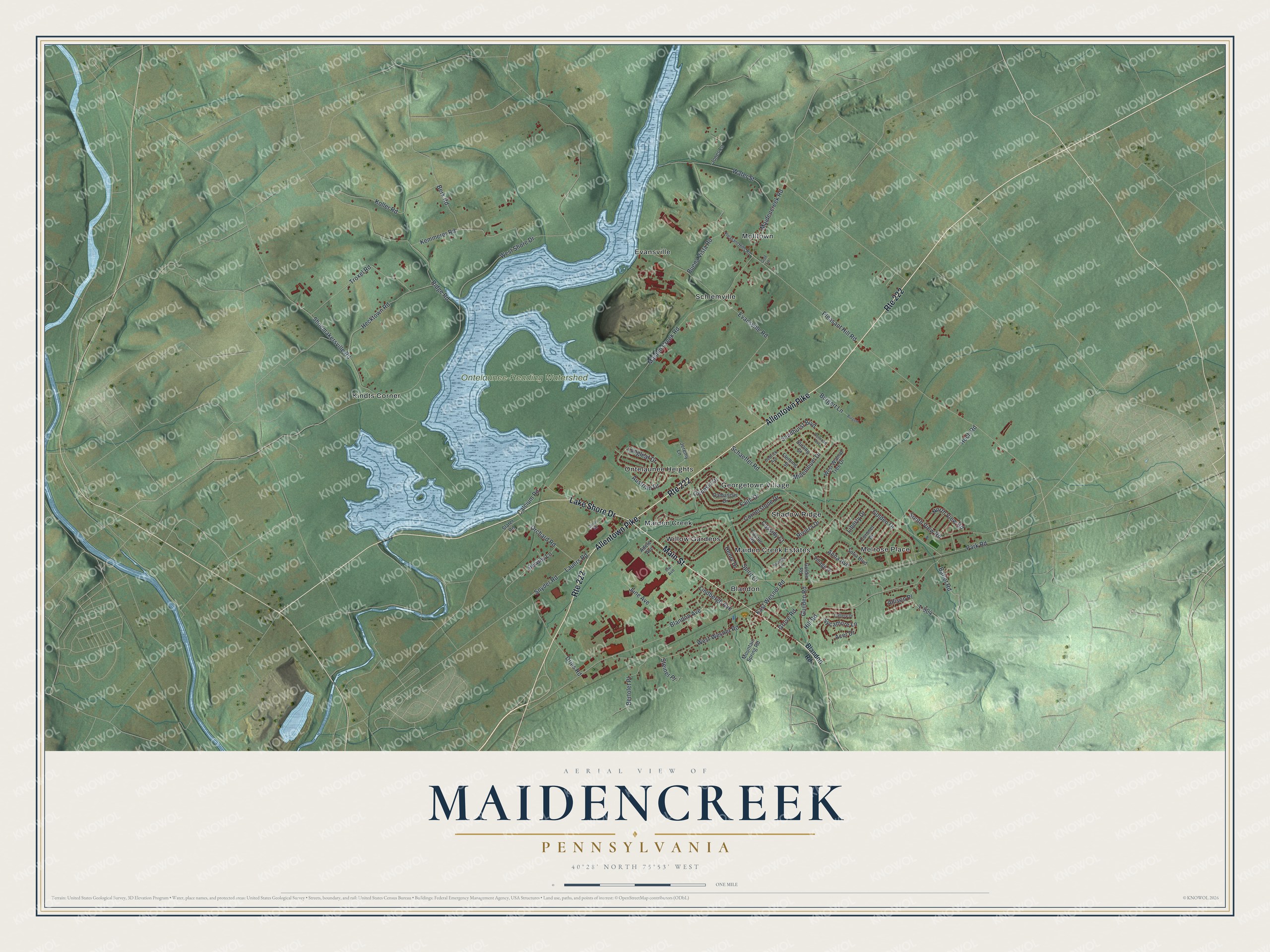Full map of Maidencreek, Pennsylvania, with red buildings, printed street names and the land around them