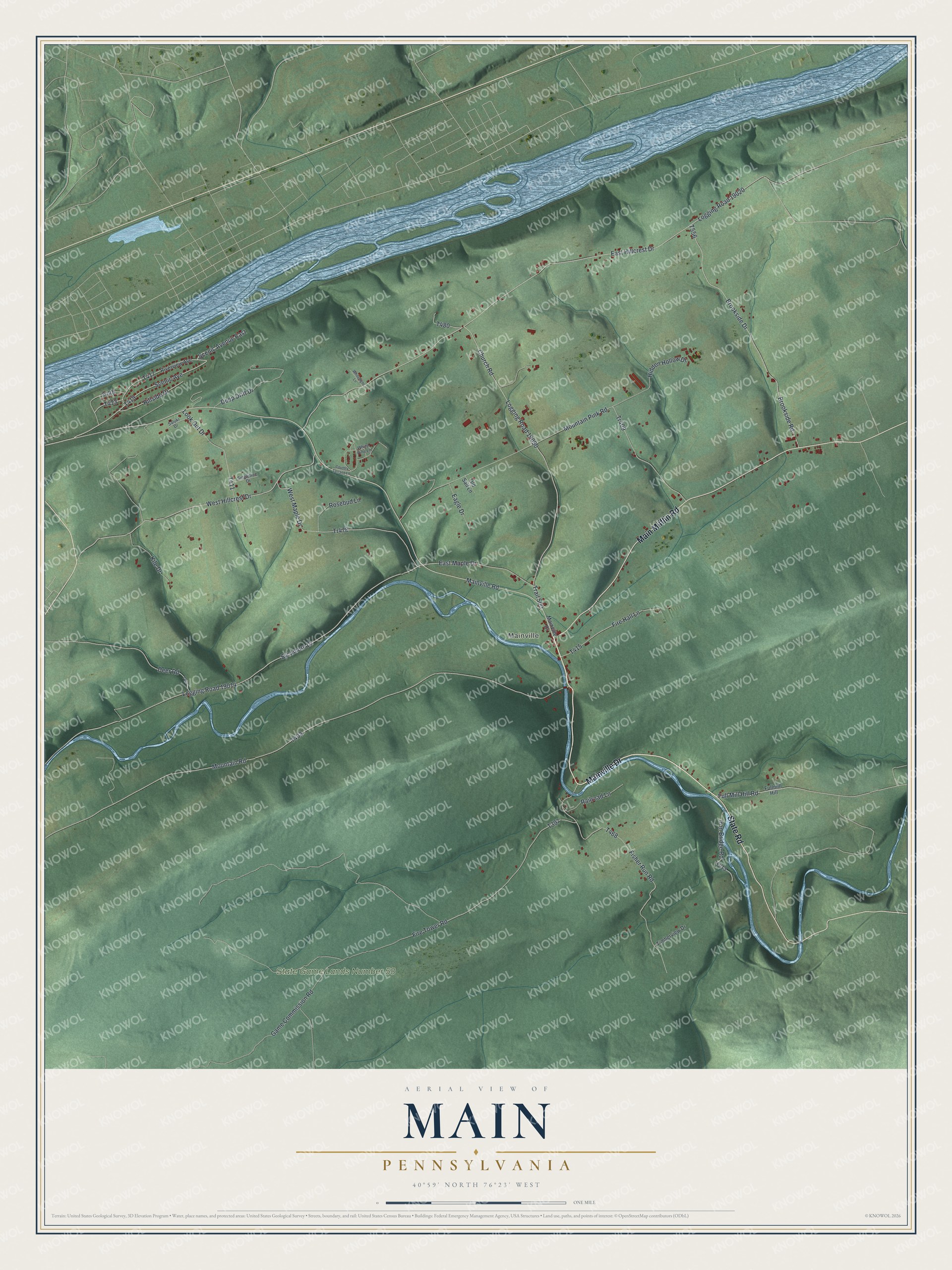 Full map of Main, Pennsylvania, with red buildings, printed street names and the land around them